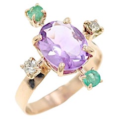 Amethyst Green Emeralds White Diamonds Rose Gold Ring Botta Gioielli
