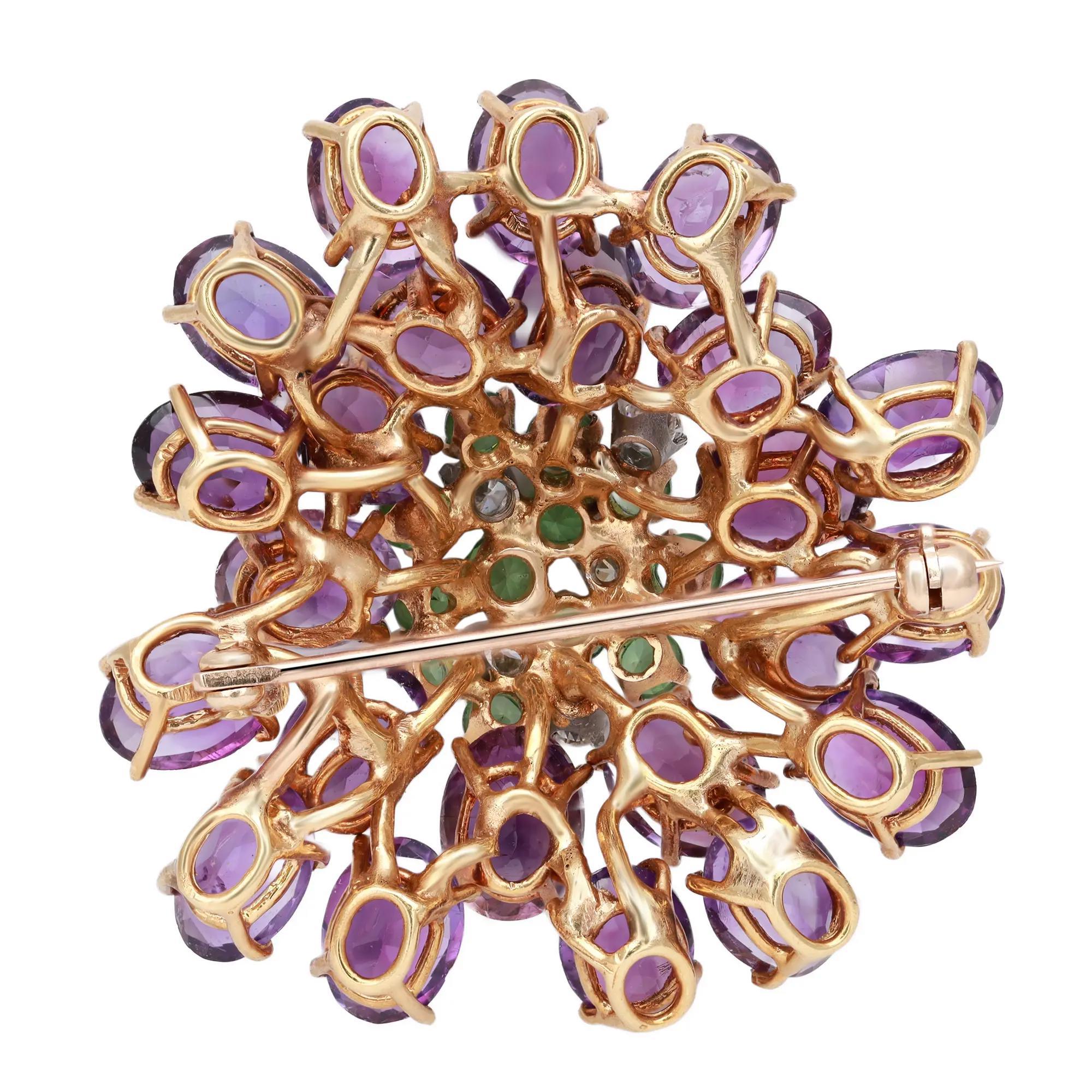 This beautiful gemstone brooch would highlight any outfit with it's shimmering sparkle. It features prong set oval cut purple amethyst with center prong set round cut green quartz and diamonds. Crafted in fine 18K yellow gold. Brooch size: 1.8