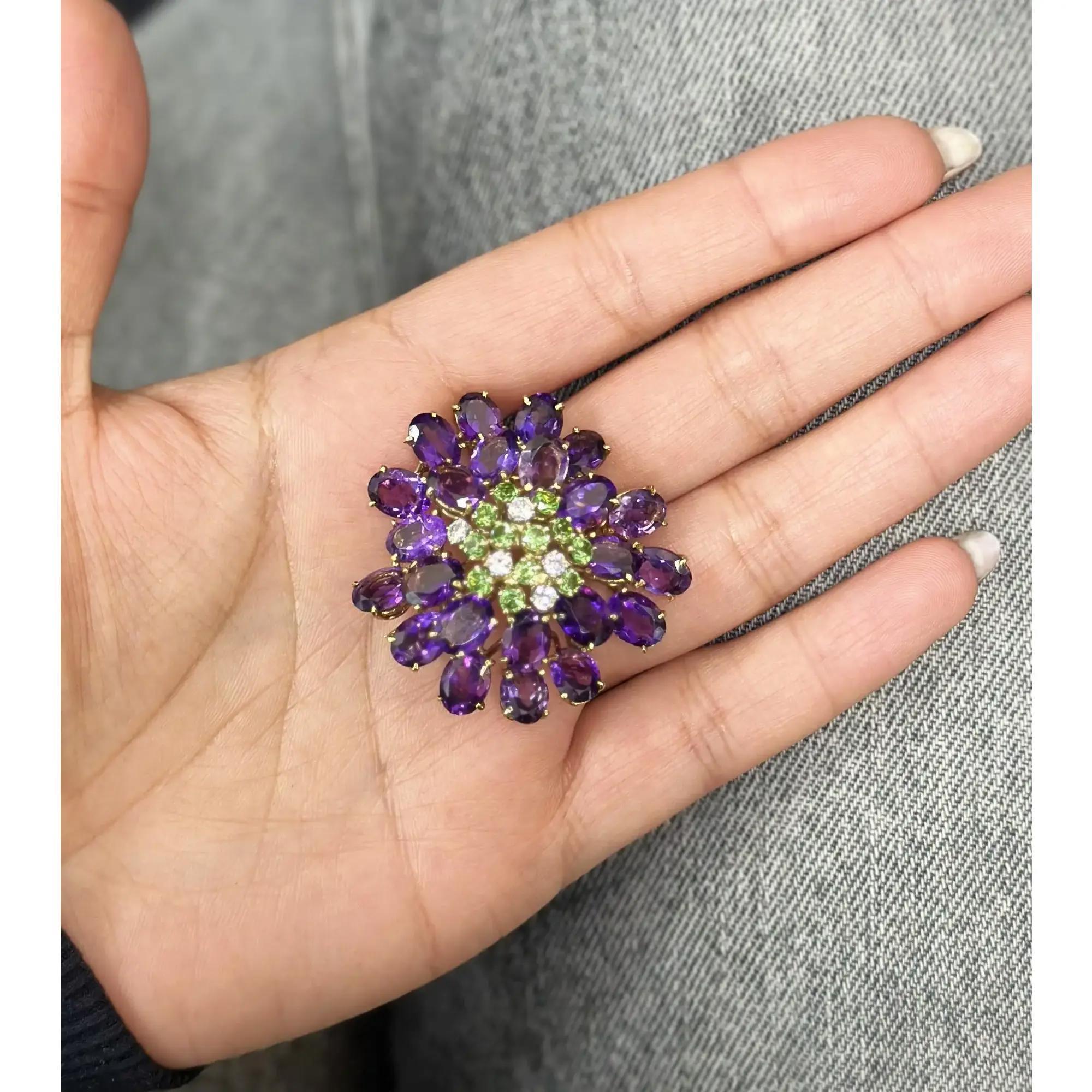 Modern Amethyst Green Quartz And Diamond Flower Brooch 18K Yellow Gold For Sale