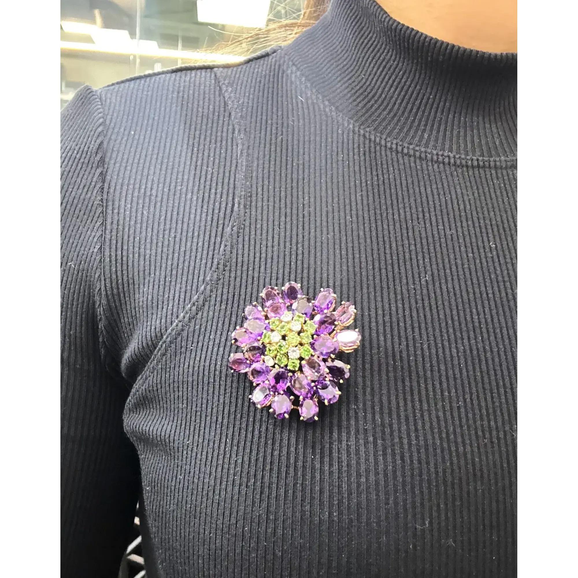 Oval Cut Amethyst Green Quartz And Diamond Flower Brooch 18K Yellow Gold For Sale