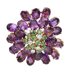 Amethyst Green Quartz And Diamond Flower Brooch 18K Yellow Gold
