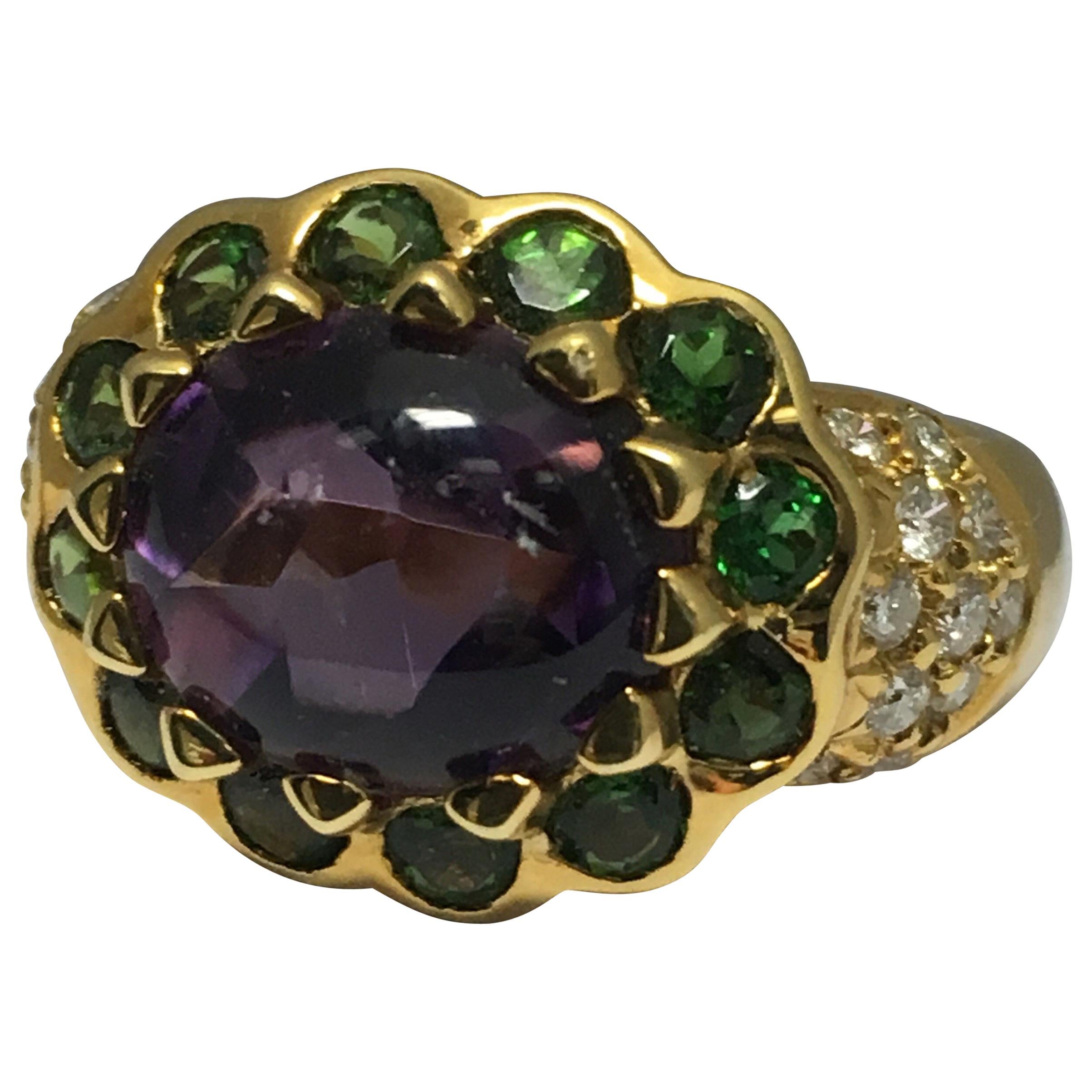 Amethyst, Green Tourmaline and Diamond Ring Set in 18KT yellow Gold #21-12003 For Sale