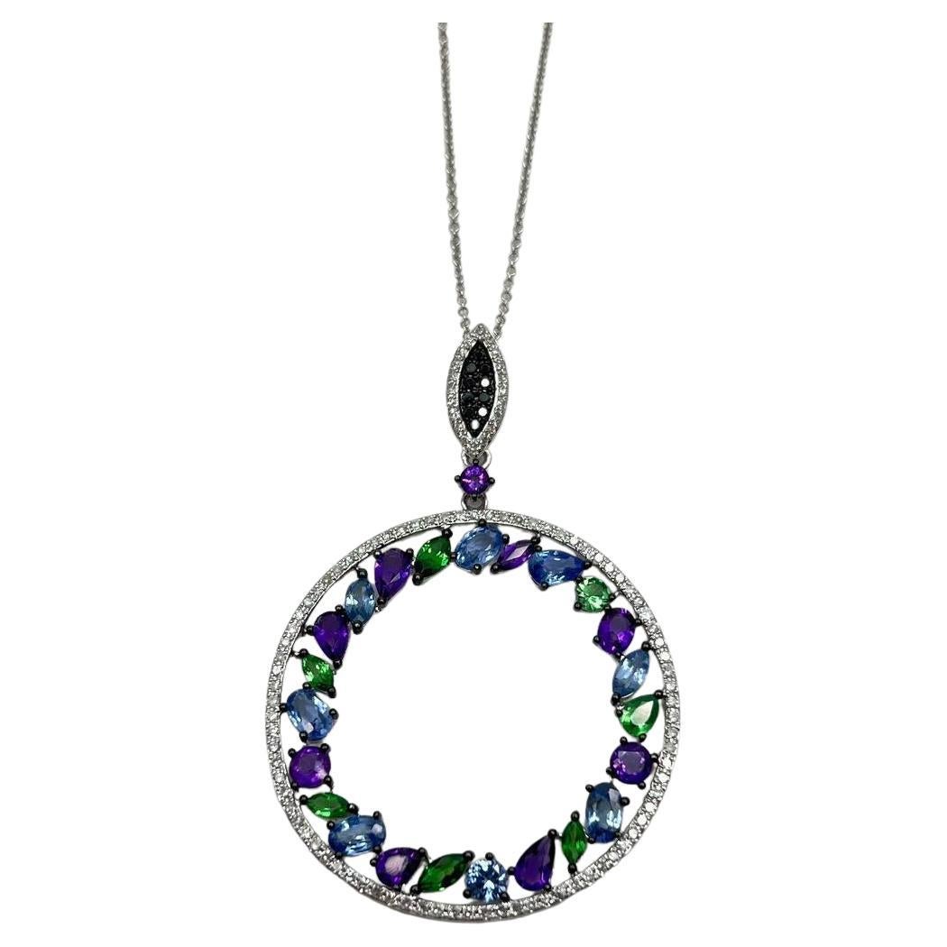 Amethyst Green Tsavorite Blue Sapphire Diamonds 14K White Gold Pendant Necklace
