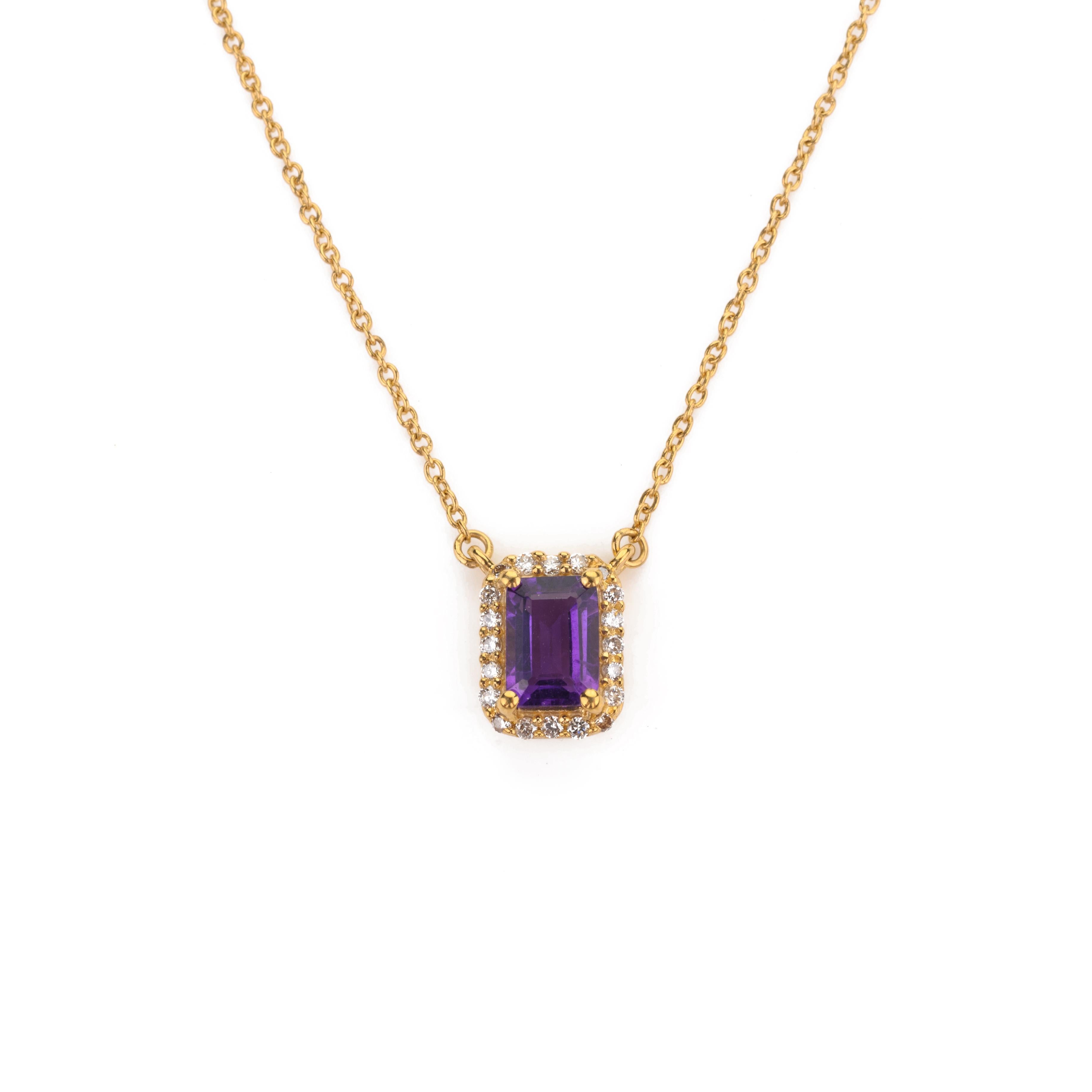 Modern Amethyst Halo Diamond Everyday Pendant Necklace in 14k Solid Yellow Gold For Sale