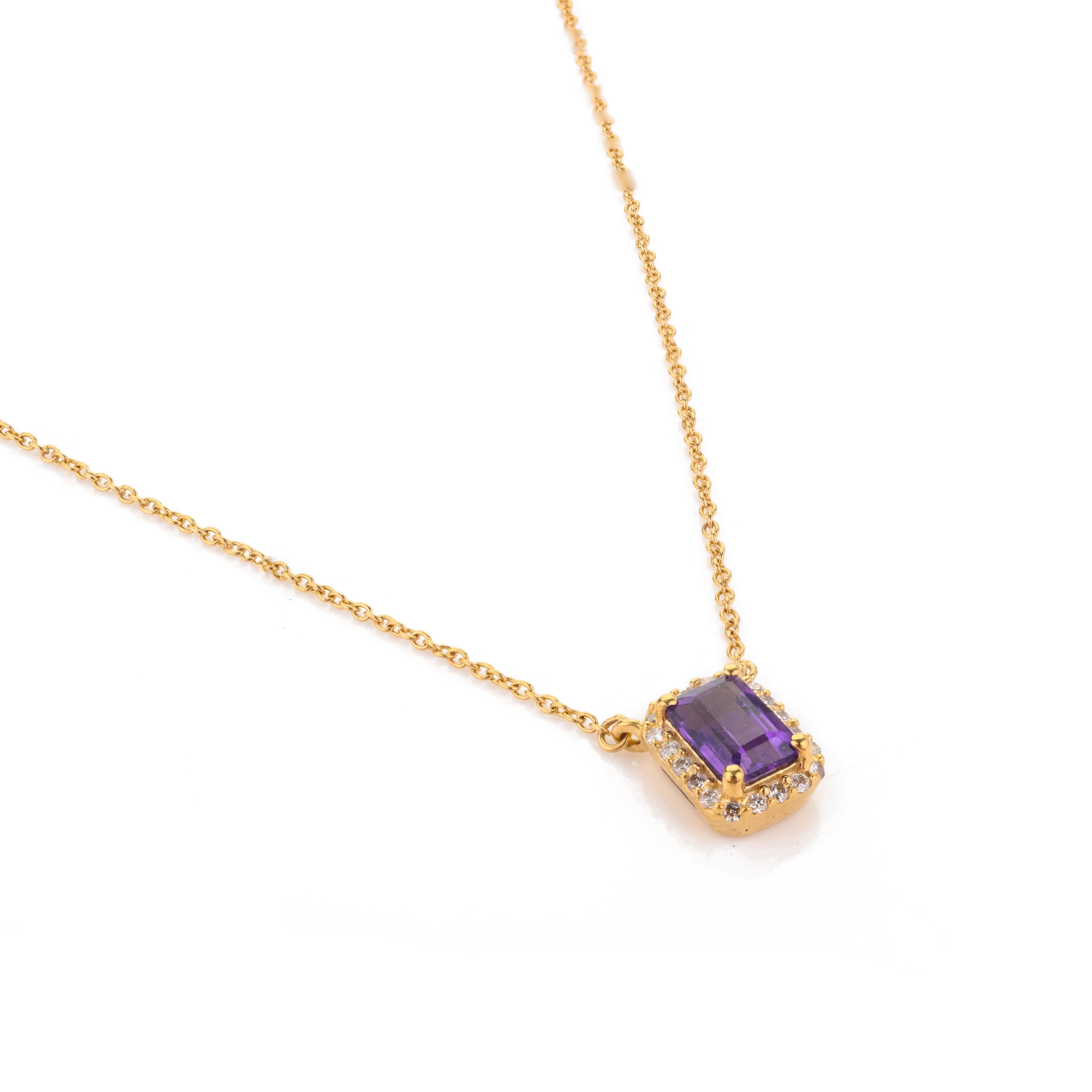Amethyst Halo Diamond Everyday Pendant Necklace in 14k Solid Yellow Gold In New Condition For Sale In Houston, TX