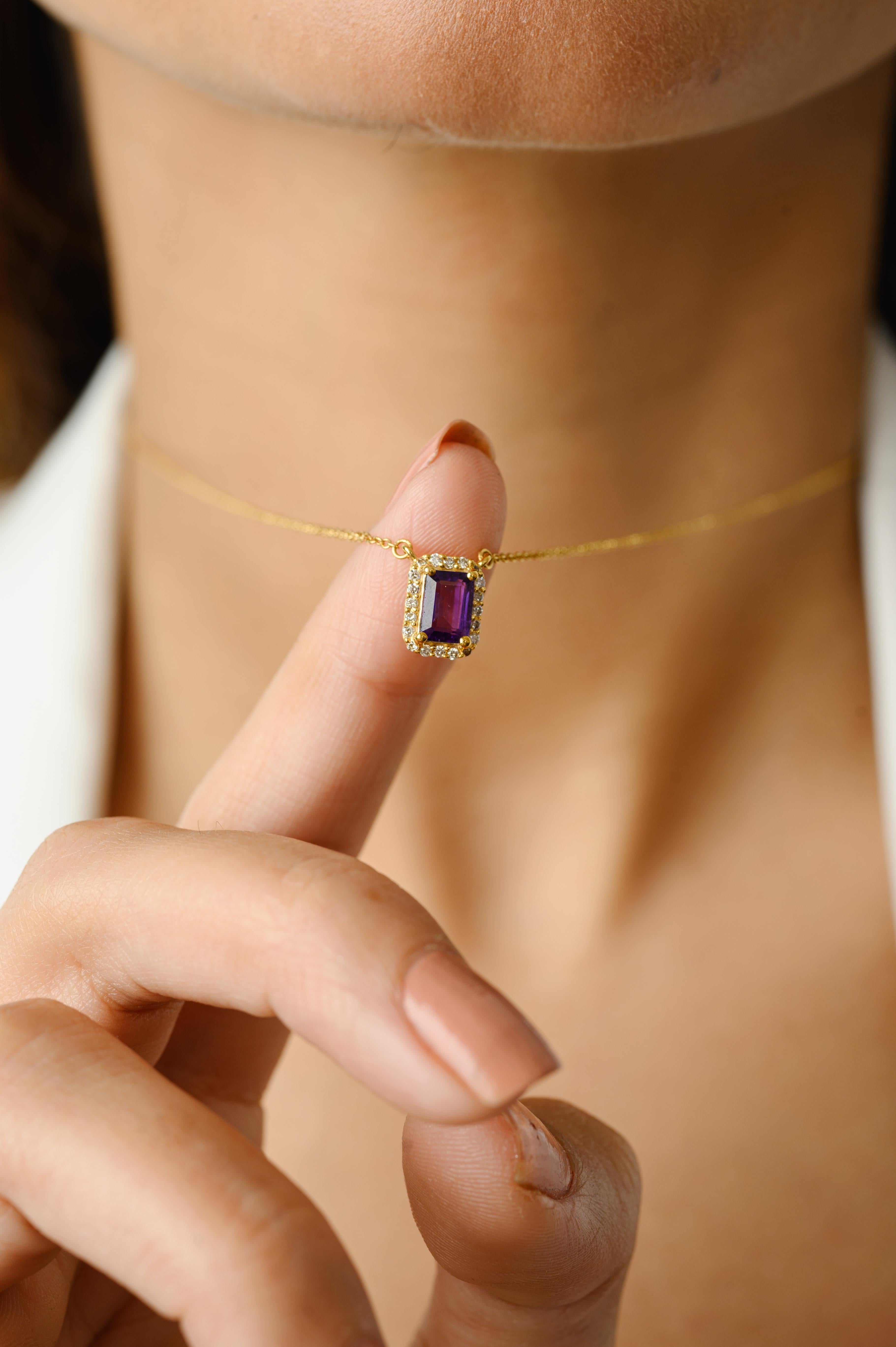 Octagon Cut Amethyst Halo Diamond Everyday Pendant Necklace in 14k Solid Yellow Gold For Sale