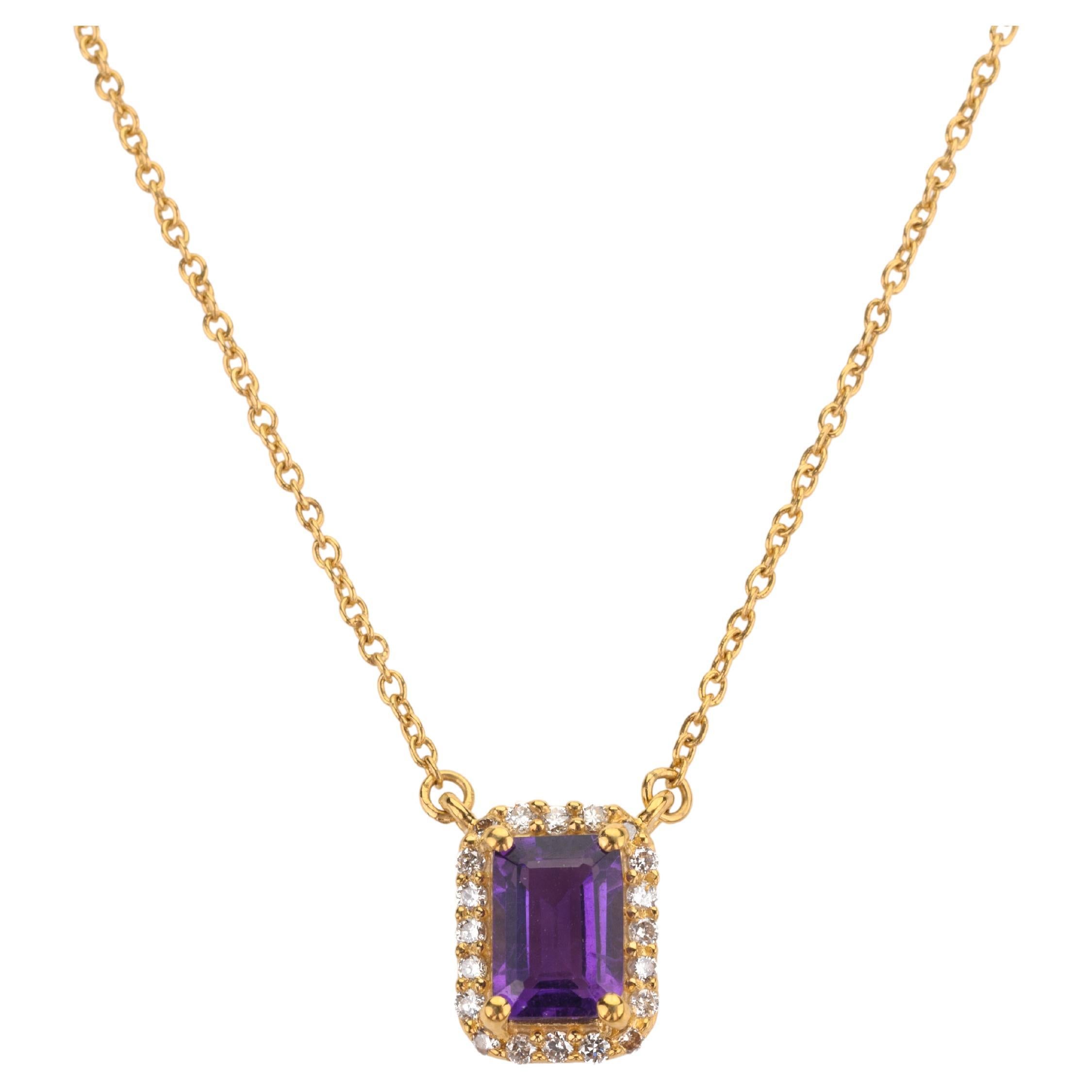 Amethyst Halo Diamond Everyday Pendant Necklace in 14k Solid Yellow Gold For Sale