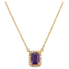 Amethyst Halo Diamond Everyday Pendant Necklace in 14k Solid Yellow Gold
