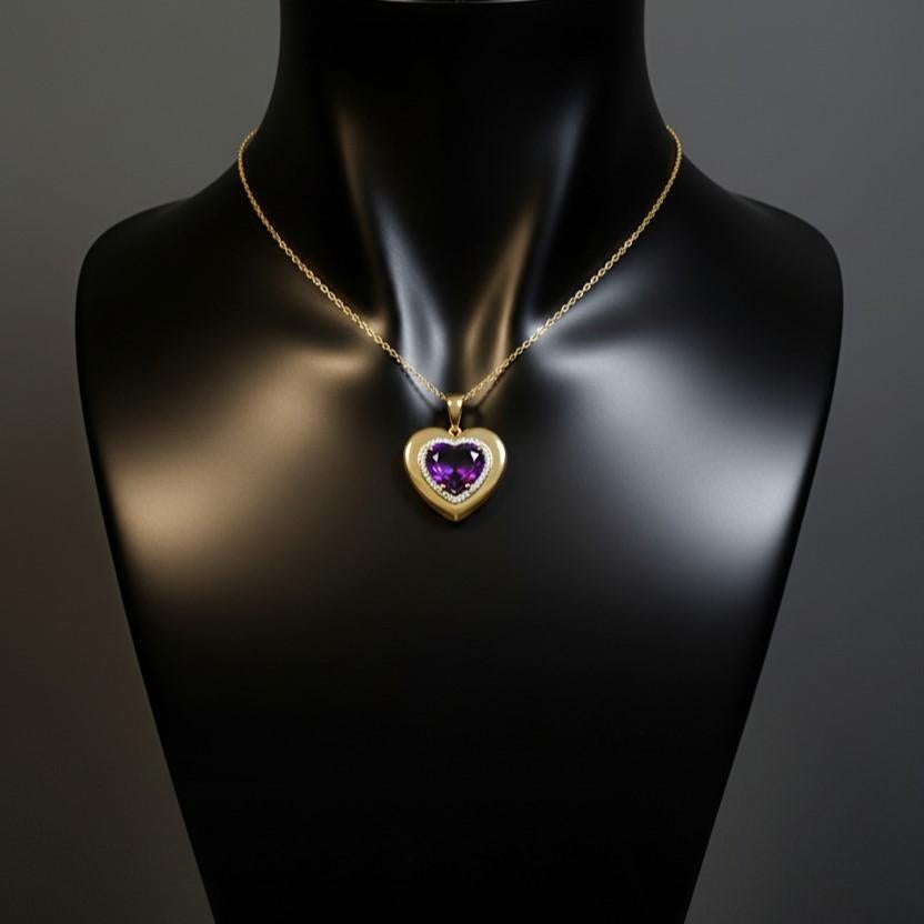 Moderno Collana con ciondolo con cuore di ametista in oro giallo 14K (o 18k su richiesta) in vendita