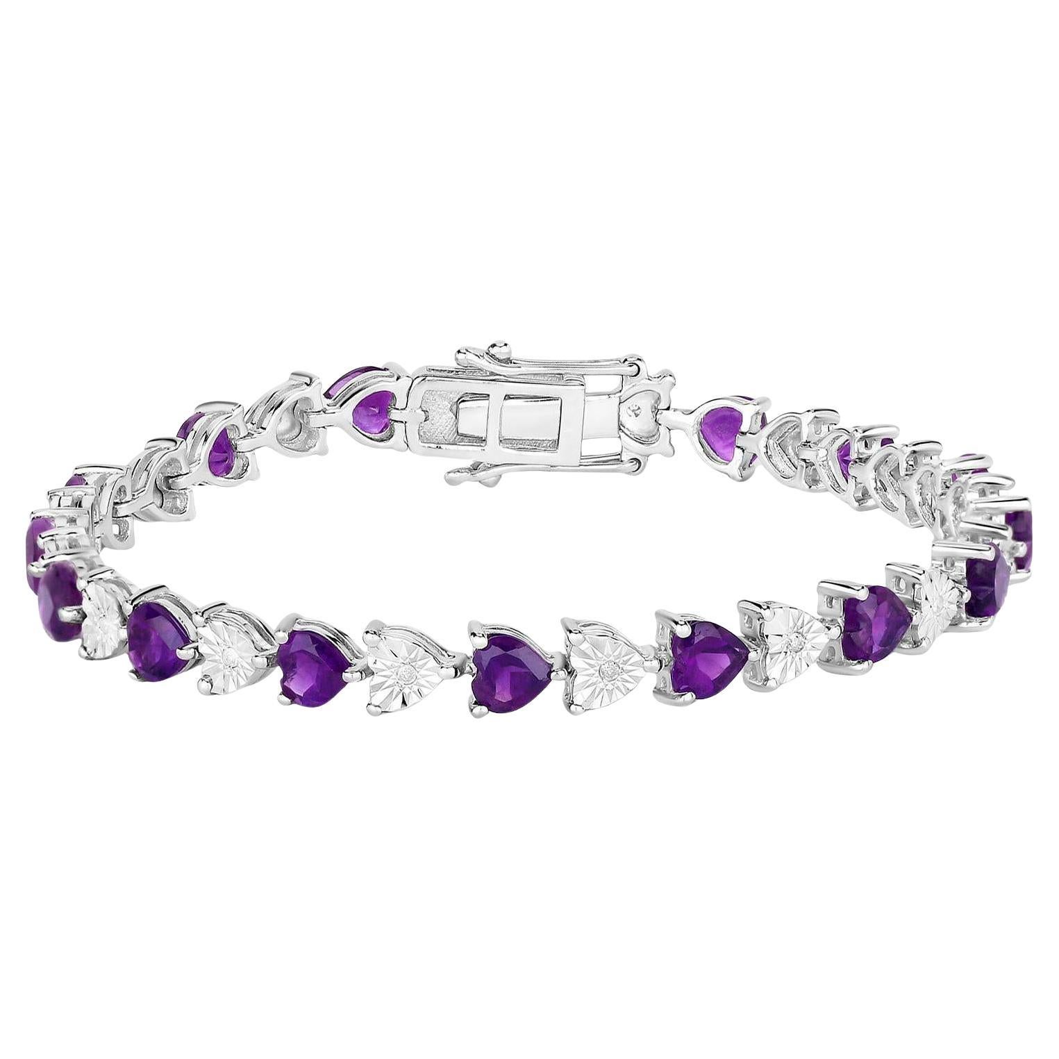 Amethyst Heart Bracelet With Diamonds 6.56 Carats Sterling Silver