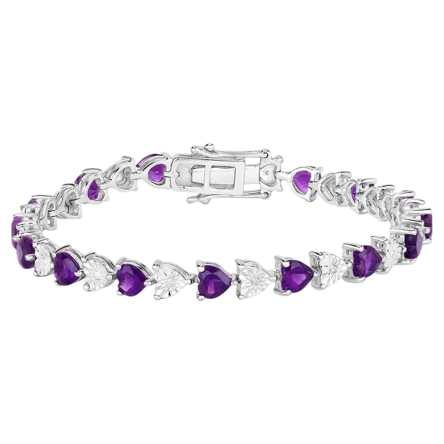 Amethyst Heart Bracelet With Diamonds 6.56 Carats Sterling Silver For Sale
