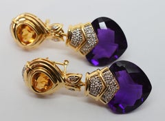 Amethyst Heart Citrine Diamond Yellow Gold Drop Earrings