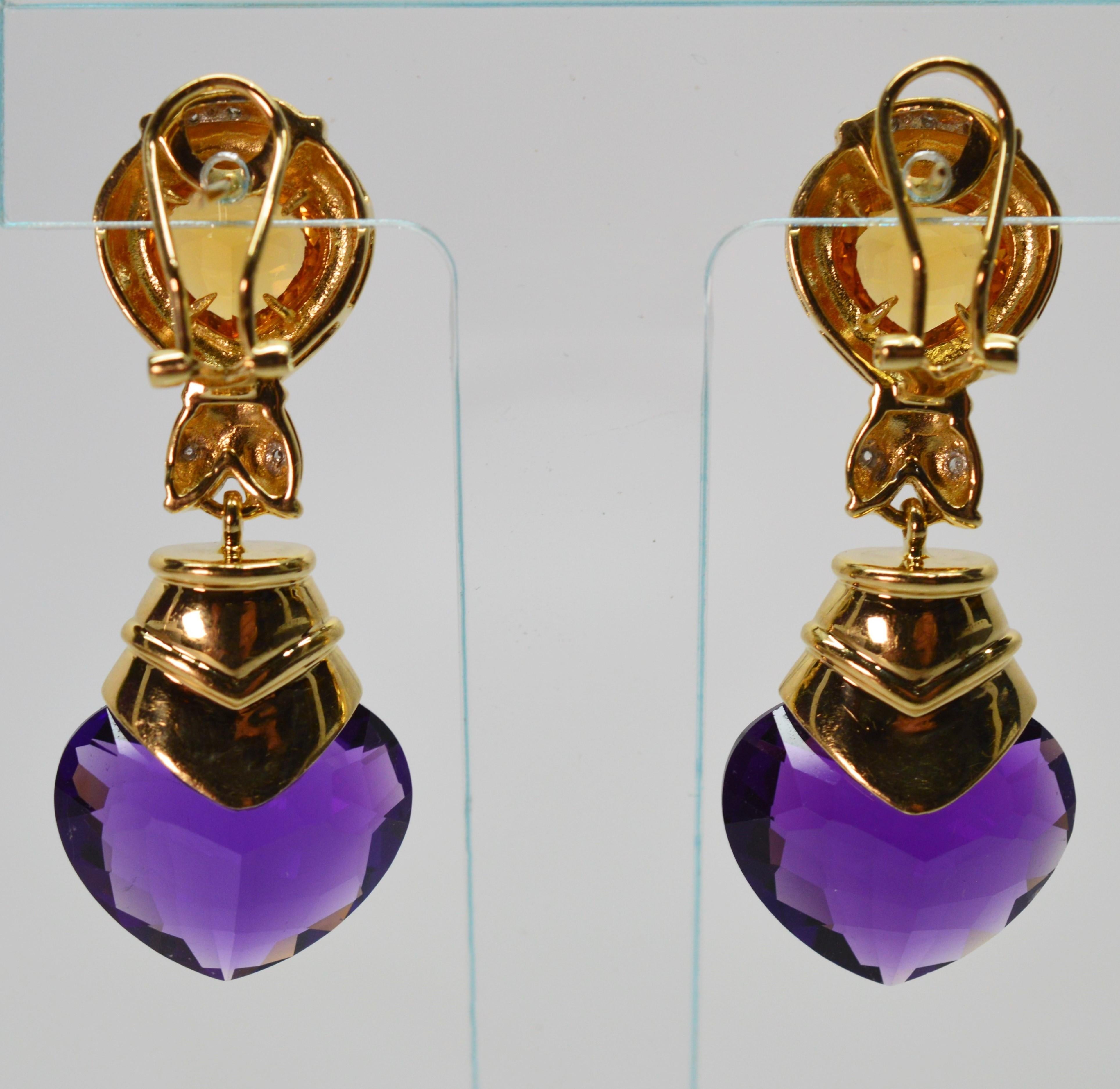 Amethyst Heart Citrine Diamond Yellow Gold Drop Earrings In Excellent Condition For Sale In Mount Kisco, NY