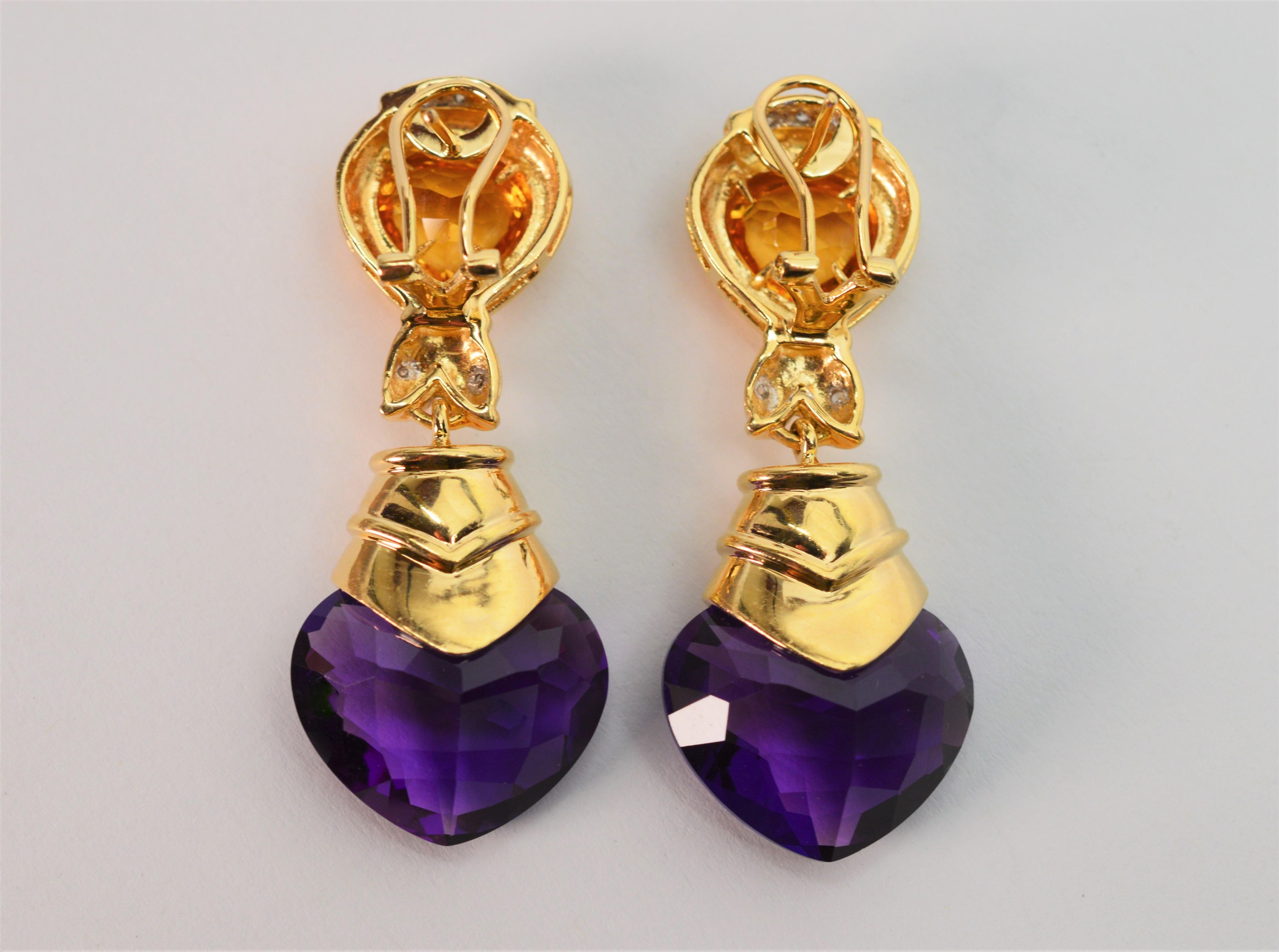 Amethyst Heart Citrine Diamond Yellow Gold Drop Earrings For Sale 1