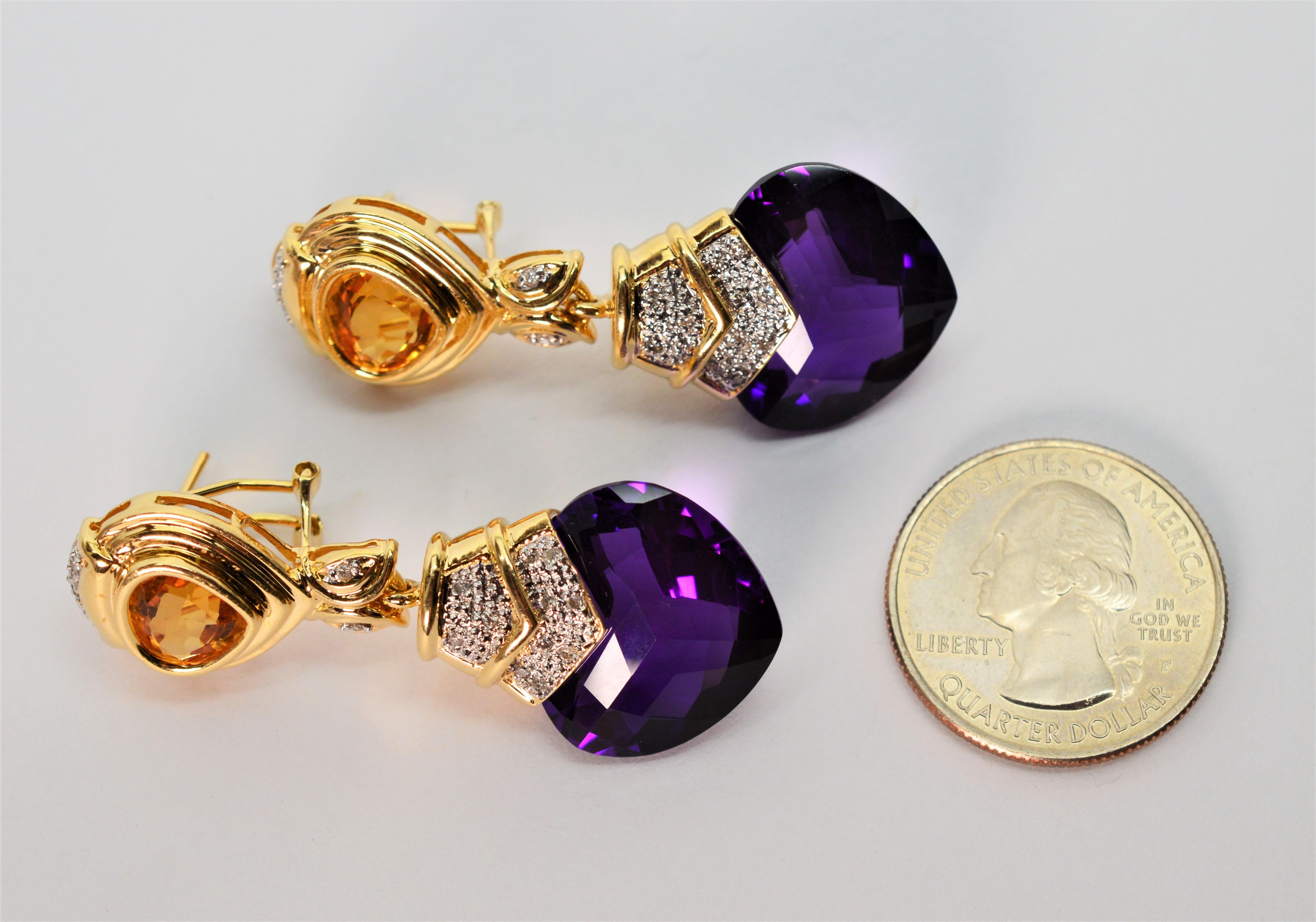 Amethyst Heart Citrine Diamond Yellow Gold Drop Earrings For Sale 2