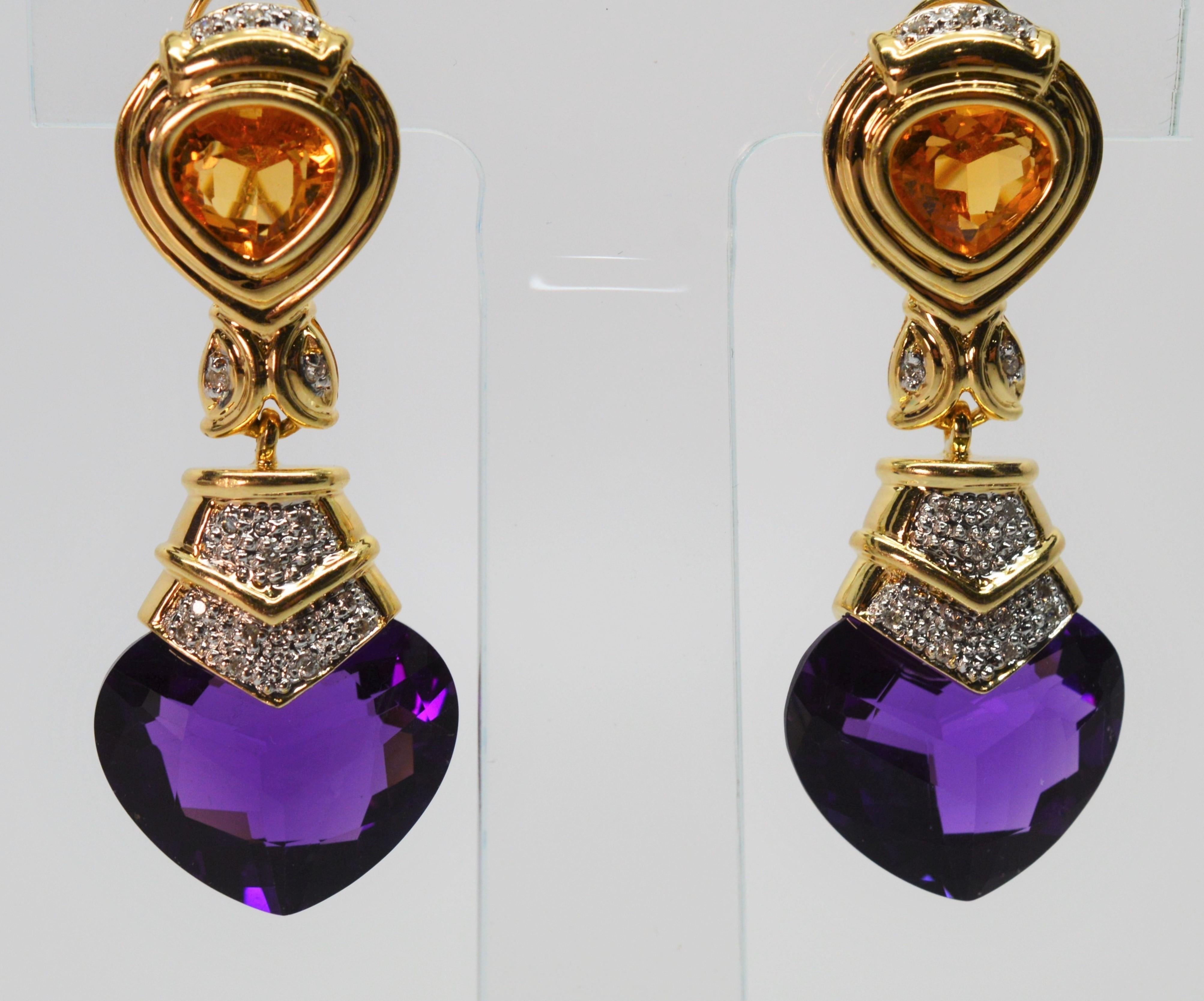 Amethyst Heart Citrine Diamond Yellow Gold Drop Earrings For Sale 3