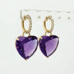 Amethyst Heart Dangle Earrings in 14 Karat Yellow Gold