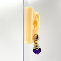 Amethyst Heart with Sapphire, Emerald, and Ruby Cabochon Earrings in 18K Gold