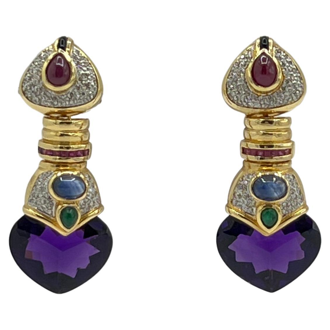 Pendientes Corazón de Amatista con Cabujón de Zafiro, Esmeralda y Rubí en Oro de 18K en venta