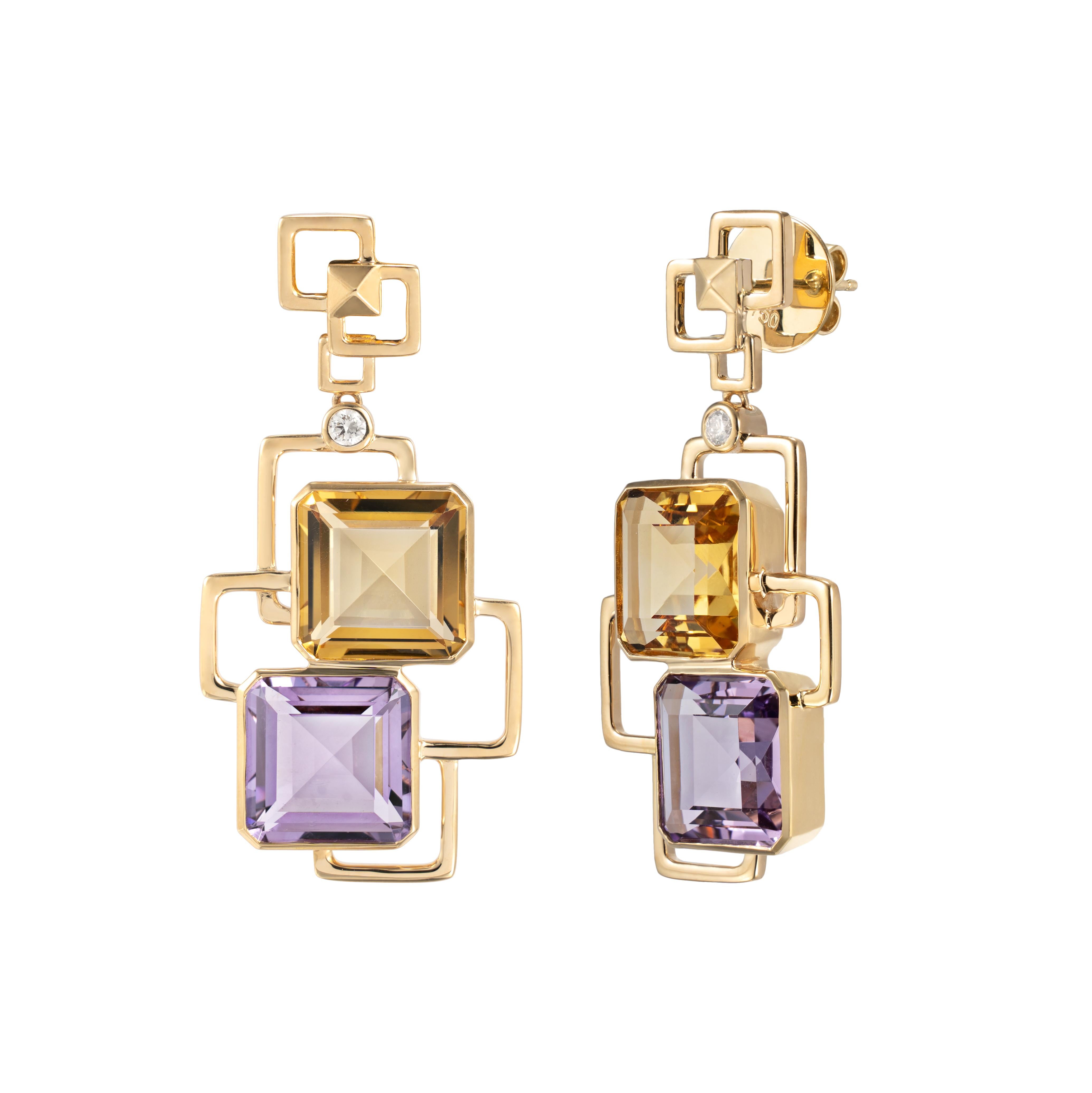 These earrings showcase bold and beautiful amethyst and citrine. These earrings are bold and have a great pop of color from the vibrant gems.

Amethyst & Honey Quartz Cocktail Earrings in 18 Karat Yellow Gold

Amethyst: 12.67 carats, 12x12mm size,