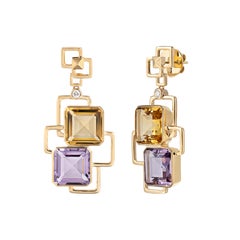 Sunita Nahata Amethyst & Honey Quartz 25.50 Drop Earrings in 18KYG with Diamond.