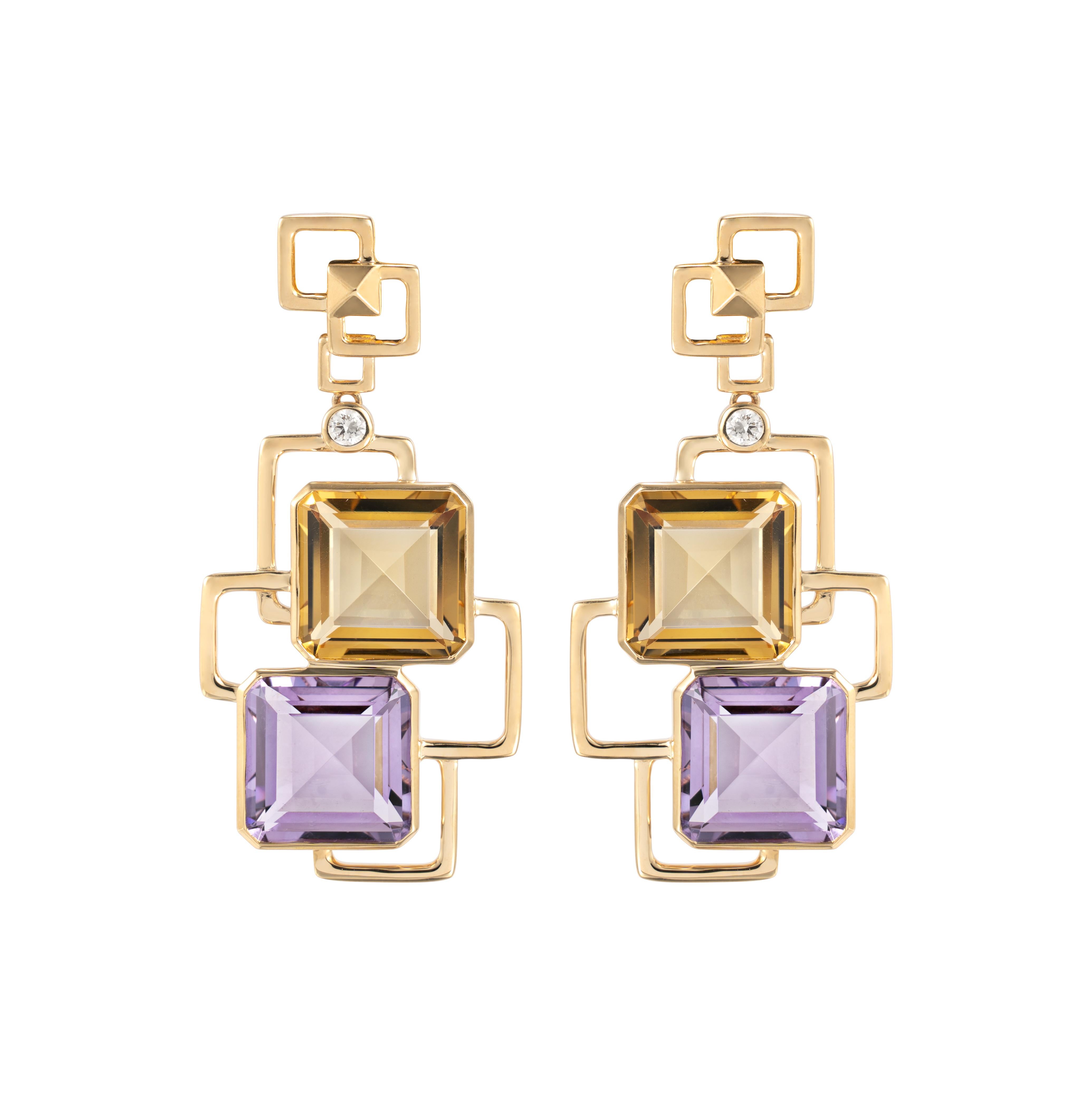 Art Deco Amethyst & Honey Quartz Cocktail Earrings in 18 Karat Yellow Gold For Sale