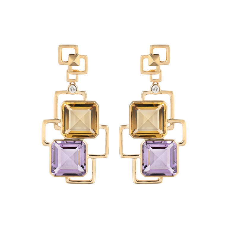 Amethyst and Honey Quartz Cocktail Earrings in 18 Karat Yellow Gold For ...
