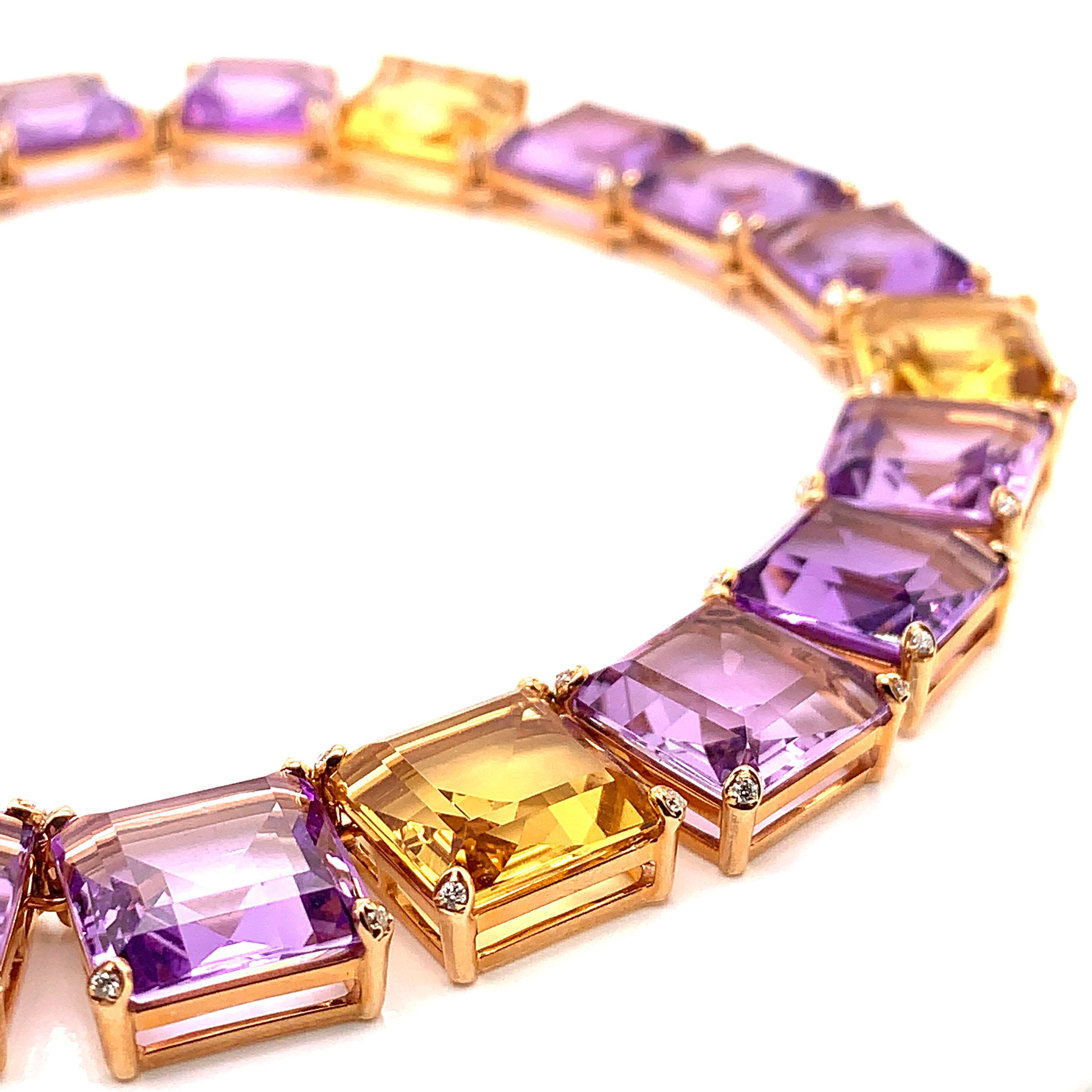 Contemporary Amethyst and Honey Quartz Necklace in 18 Karat Rose Gold with Diamonds For Sale