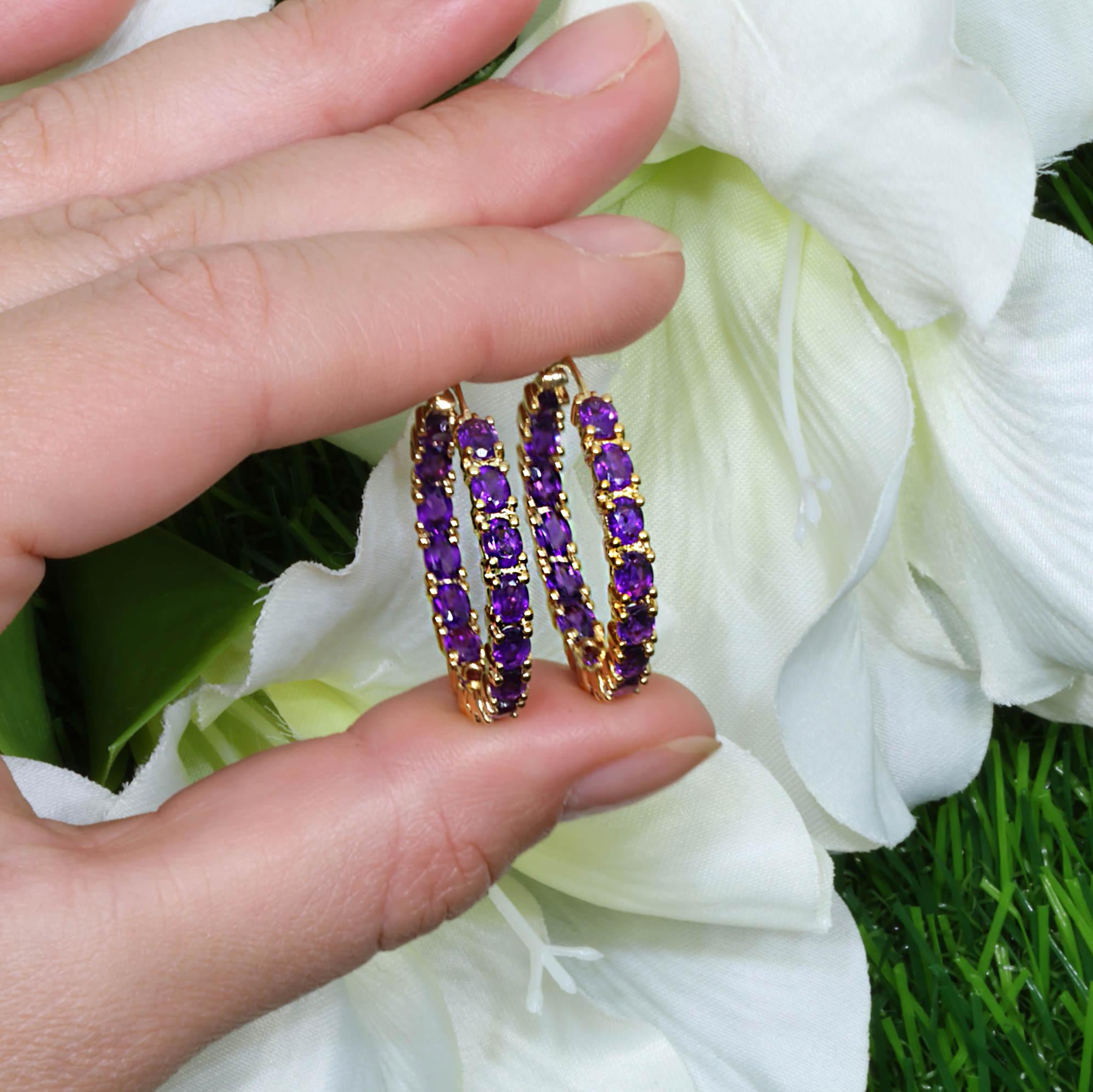 Contemporary Amethyst Hoop Earrings 4.8 Carats 14K Yellow Gold Plated Silver For Sale