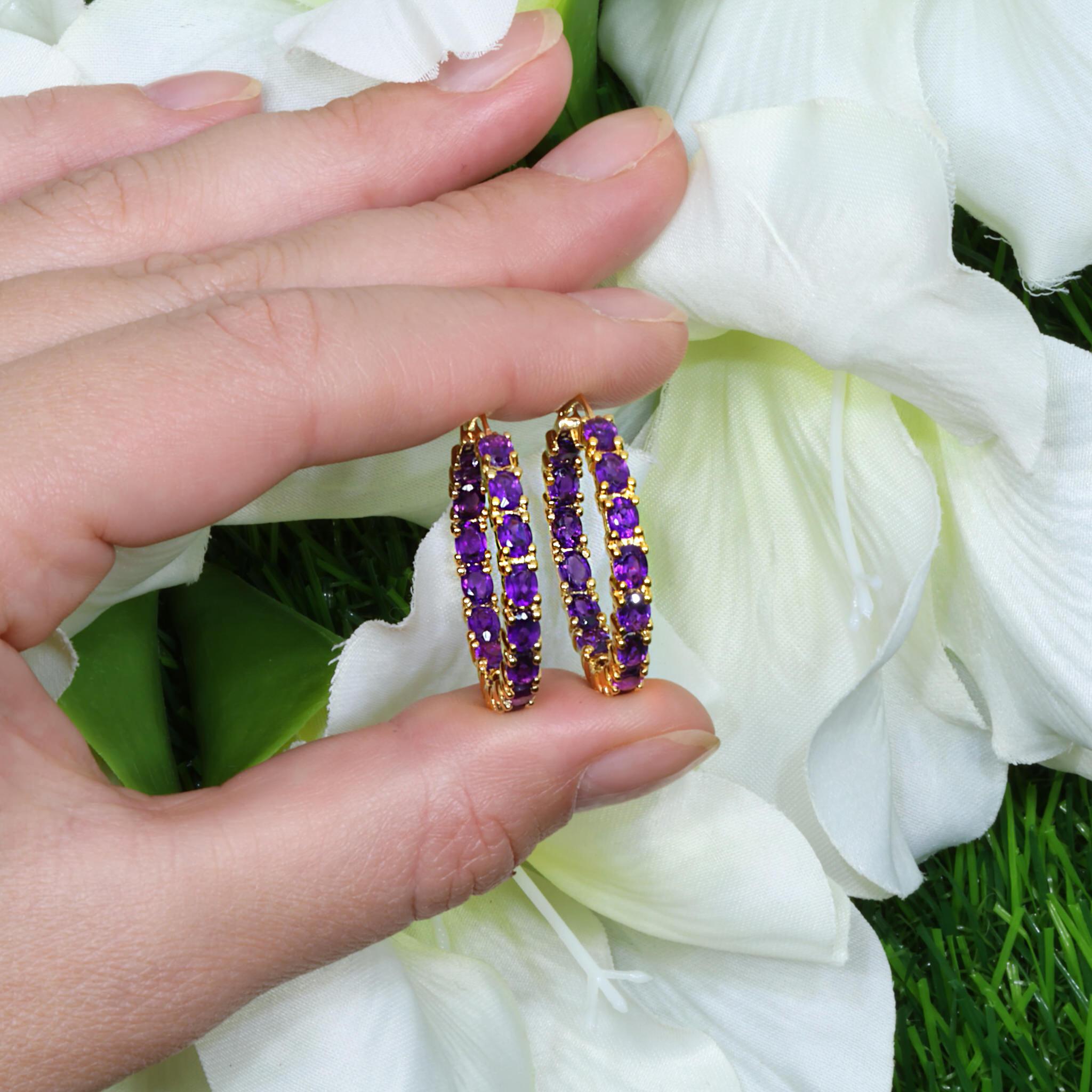 Oval Cut Amethyst Hoop Earrings 4.8 Carats 14K Yellow Gold Plated Silver For Sale