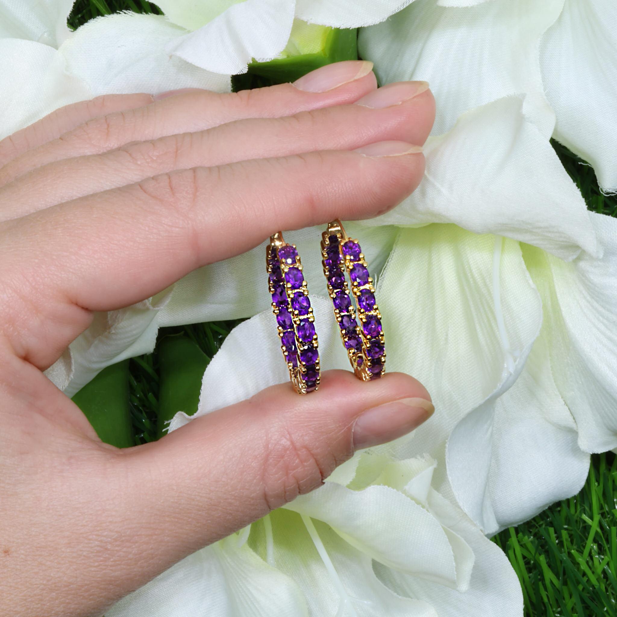 Amethyst Hoop Earrings 4.8 Carats 14K Yellow Gold Plated Silver In Excellent Condition For Sale In Punta Gorda, FL