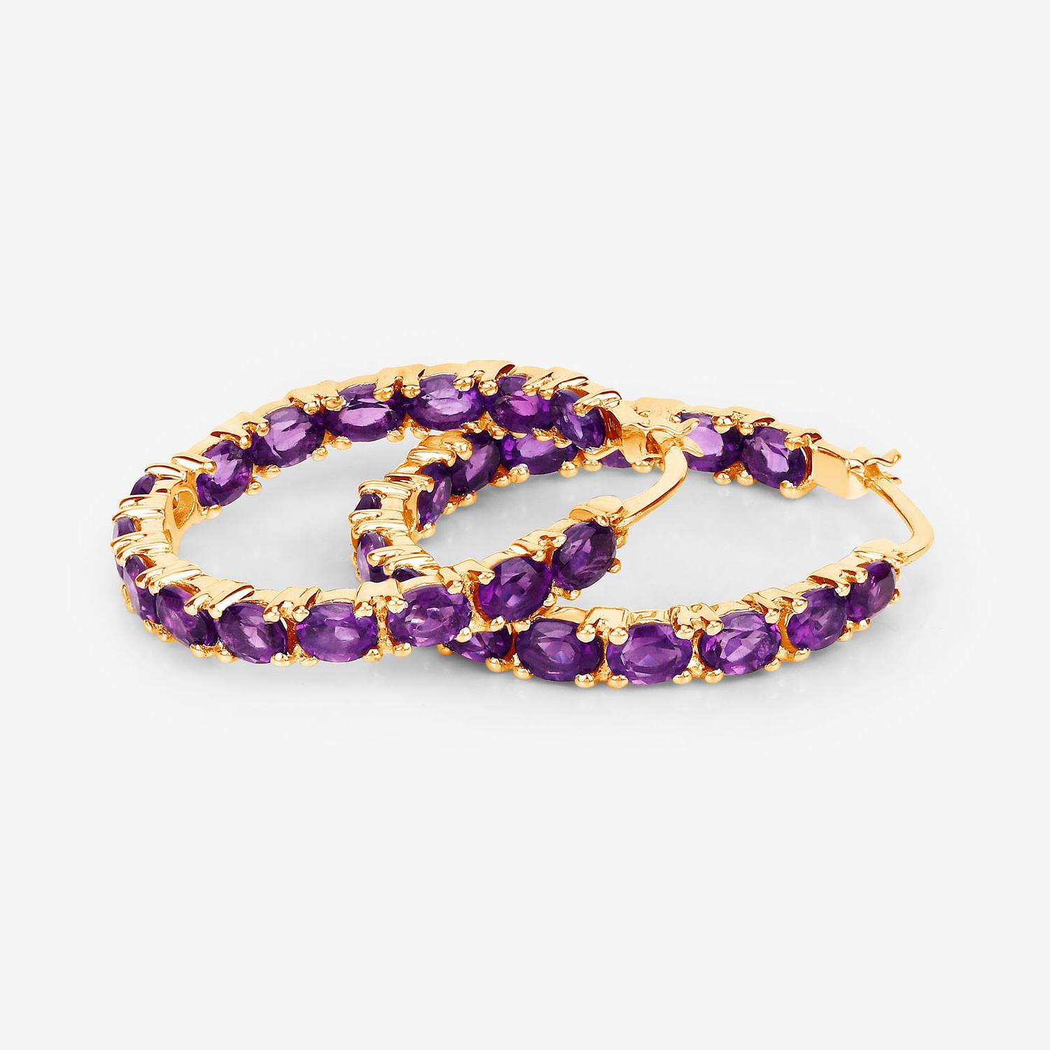 Amethyst Hoop Earrings 4.8 Carats 14K Yellow Gold Plated Silver For Sale 1