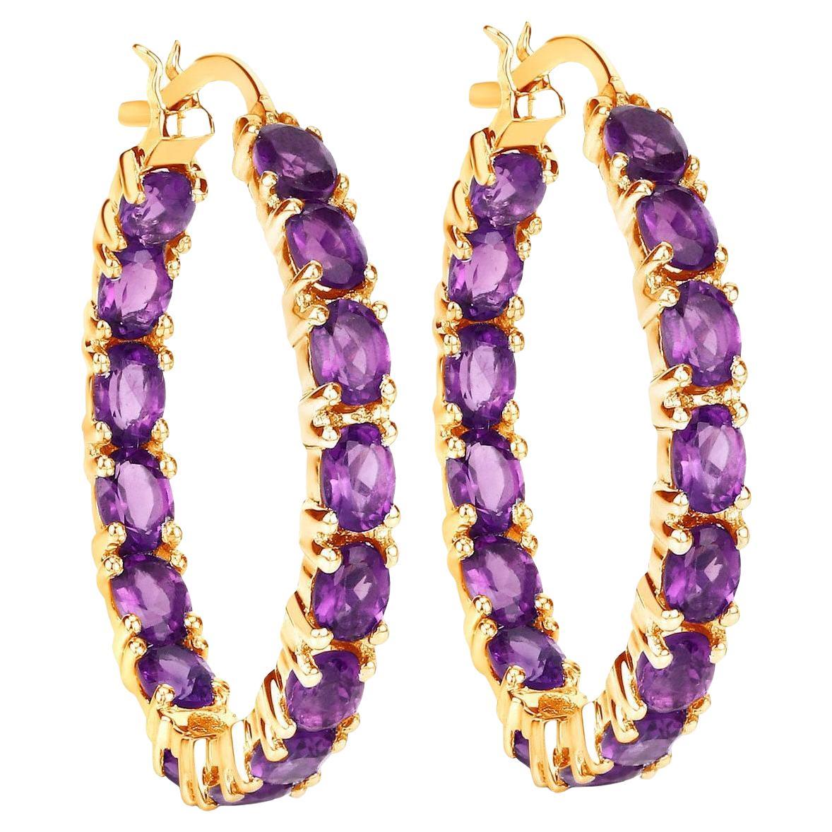 Amethyst Hoop Earrings 4.8 Carats 14K Yellow Gold Plated Silver For Sale