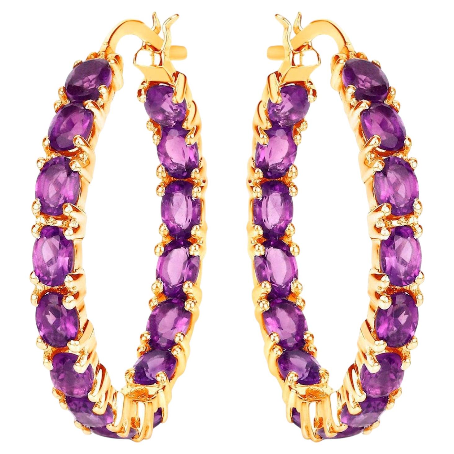 Pendientes de aro con amatista, 4,78 quilates, plata chapada en oro