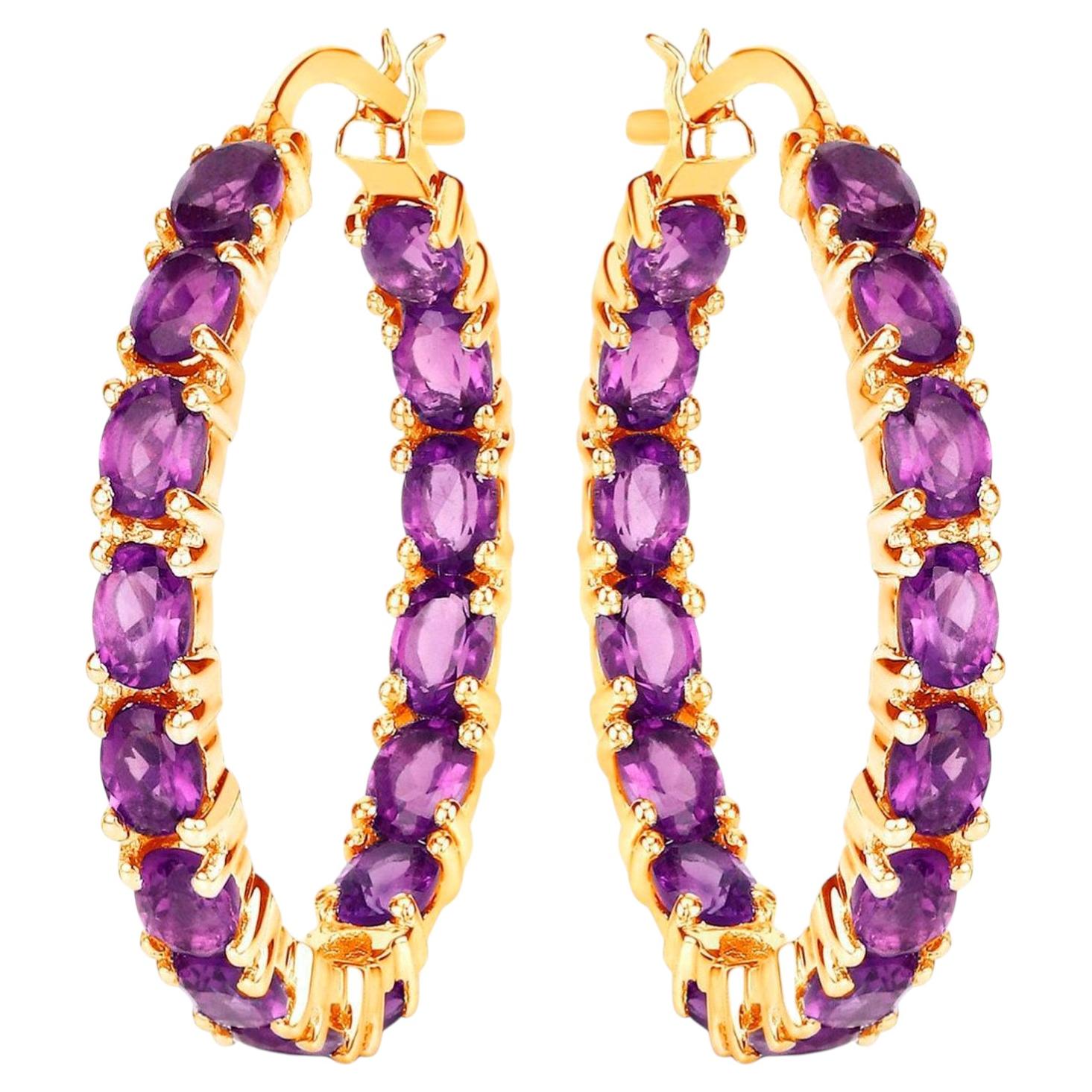 Pendientes de aro con amatista, 4,78 quilates, plata chapada en oro