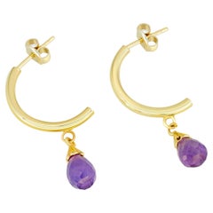 Amethyst Hoop Post Earrings in Yellow 14k Gold. 