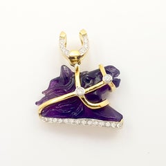 Amethyst Horse Carving with Diamond Pendant set in 18K Gold Settings