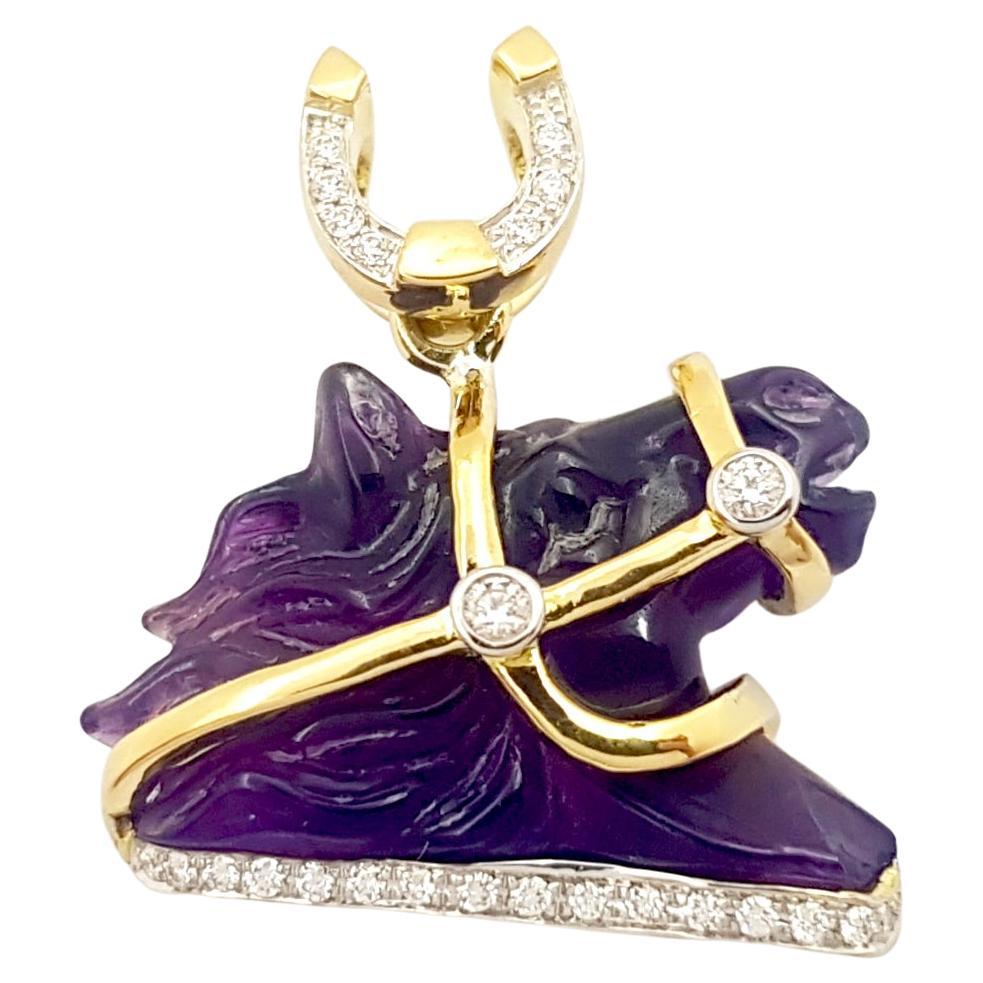 Amethyst Horse Carving with Diamond Pendant set in 18K Gold Settings