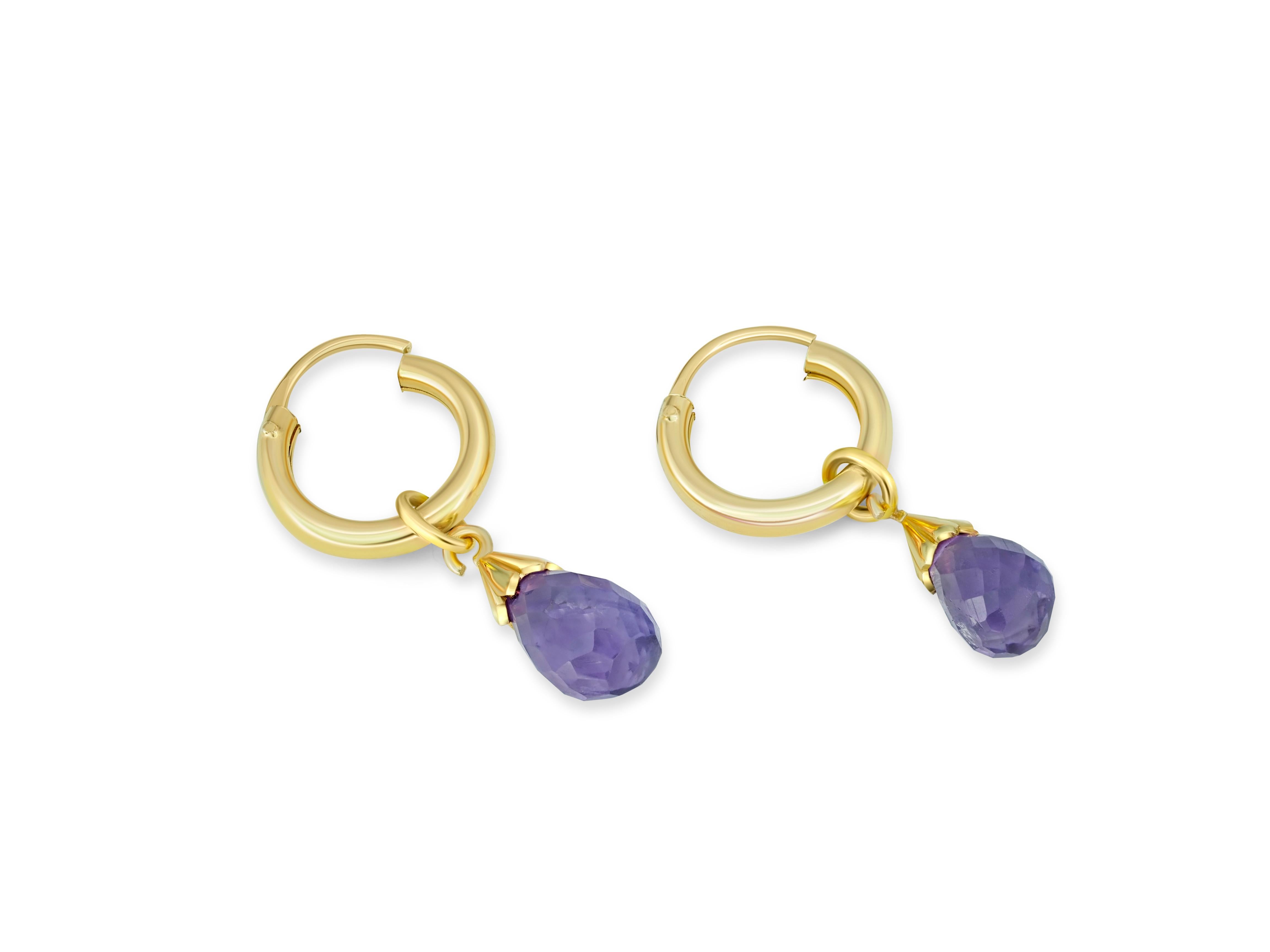 Hoop Earrings and Amethyst Briolette Charms in 14k Gold For Sale 3