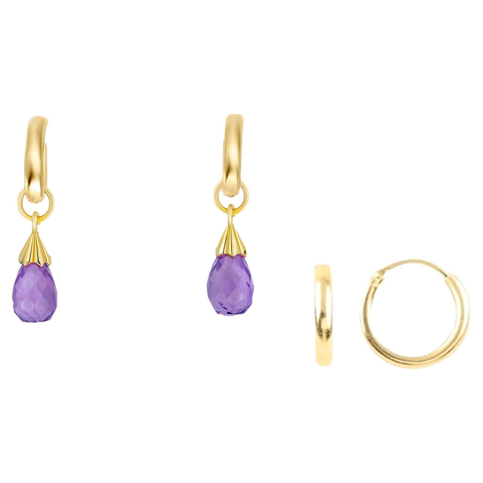 Hoop Earrings and Amethyst Briolette Charms in 14k Gold For Sale