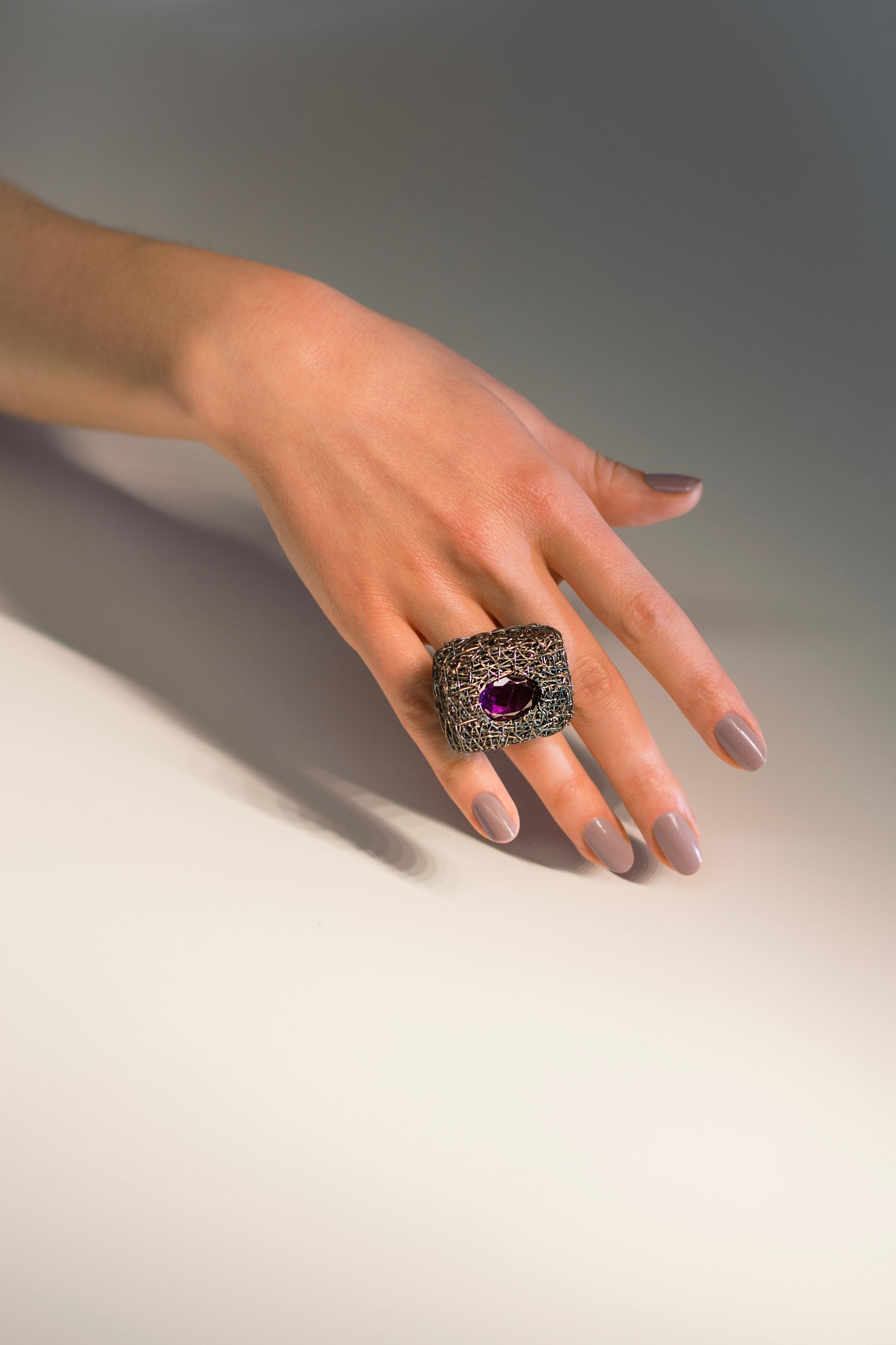 Rose Cut Amethyst in blackened silver & rose gold, new square one-off Cocktail Ring For Sale