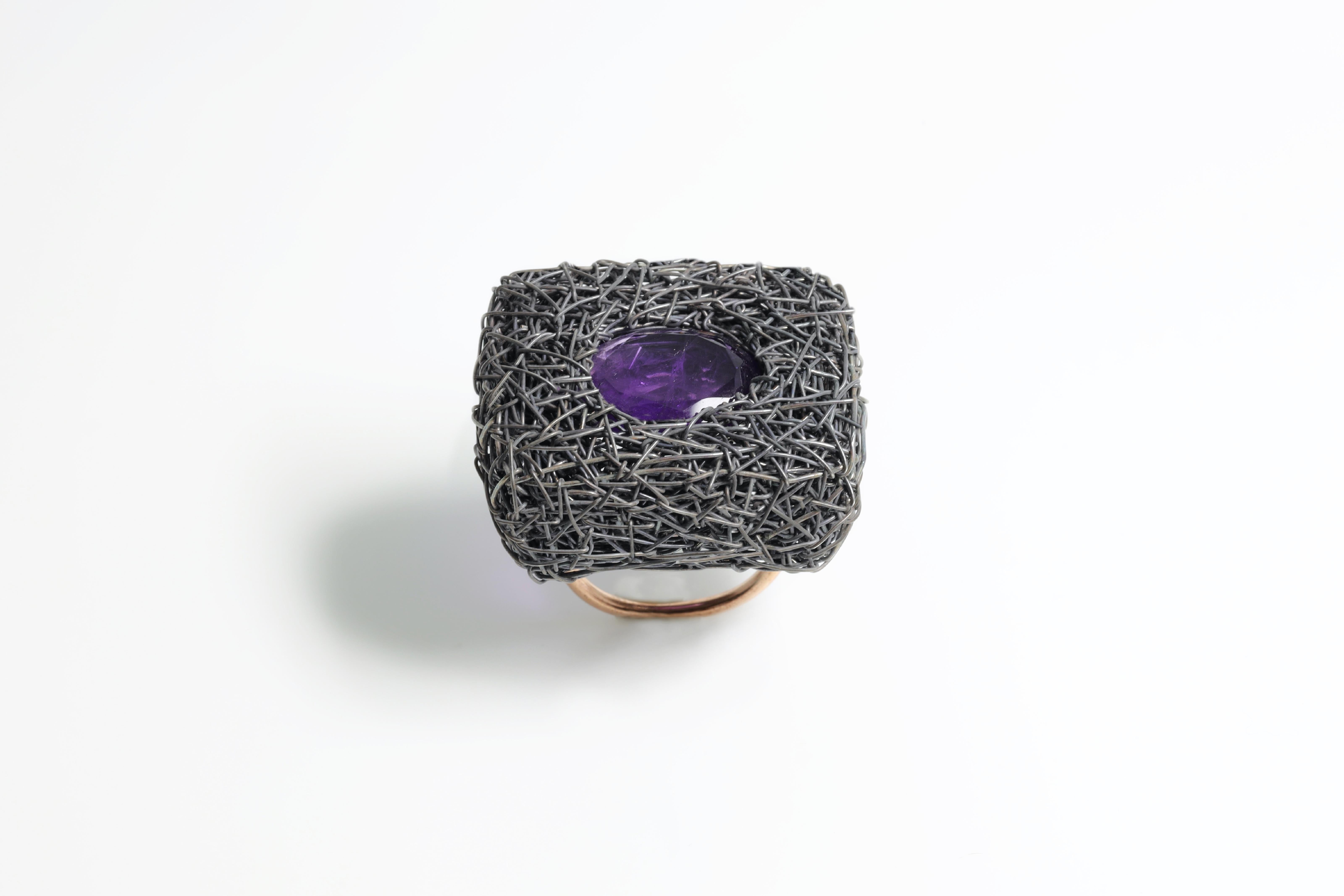 Women's or Men's Amethyst in blackened silver & rose gold, new square one-off Cocktail Ring For Sale
