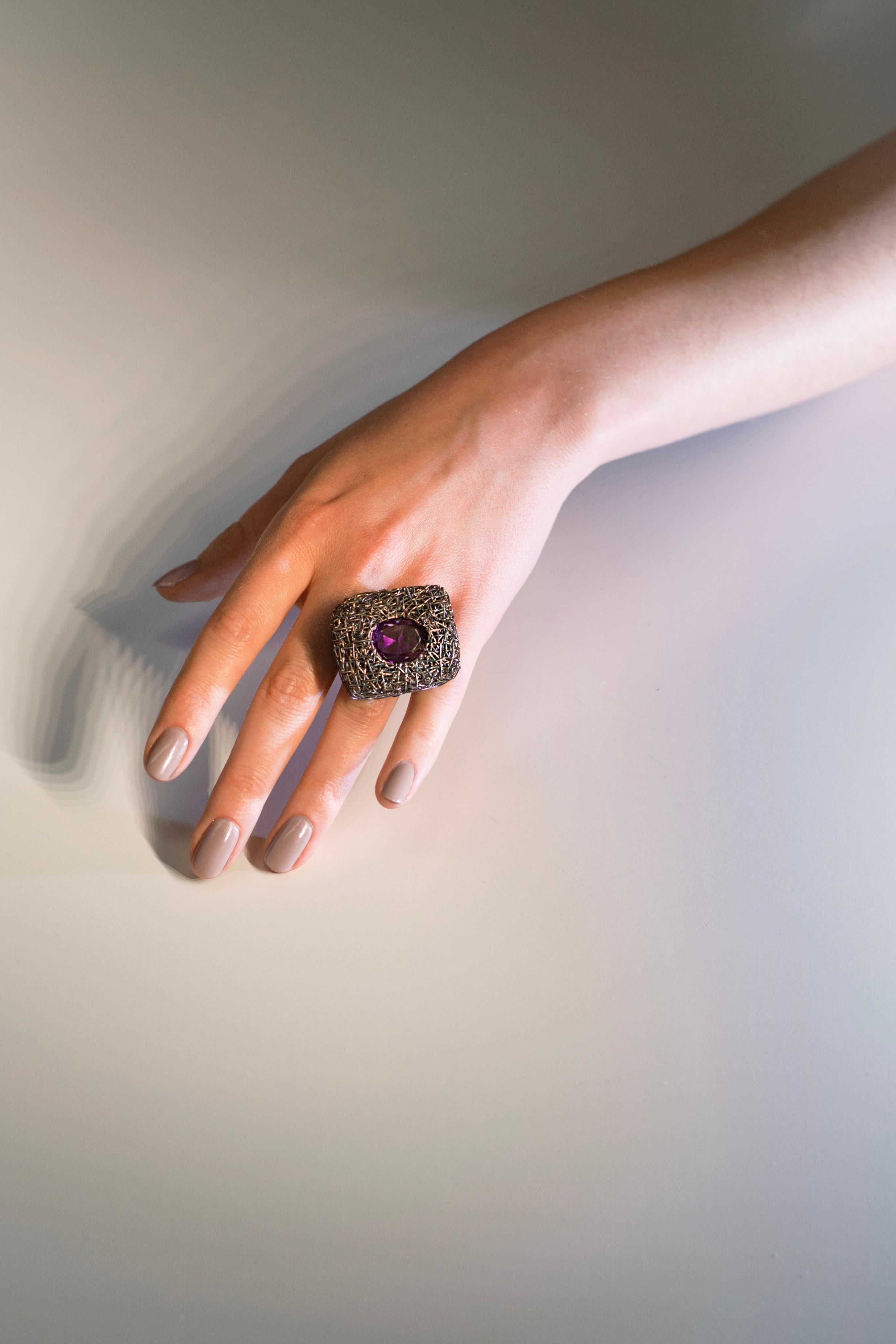 Amethyst in blackened silver & rose gold, new square one-off Cocktail Ring For Sale 1