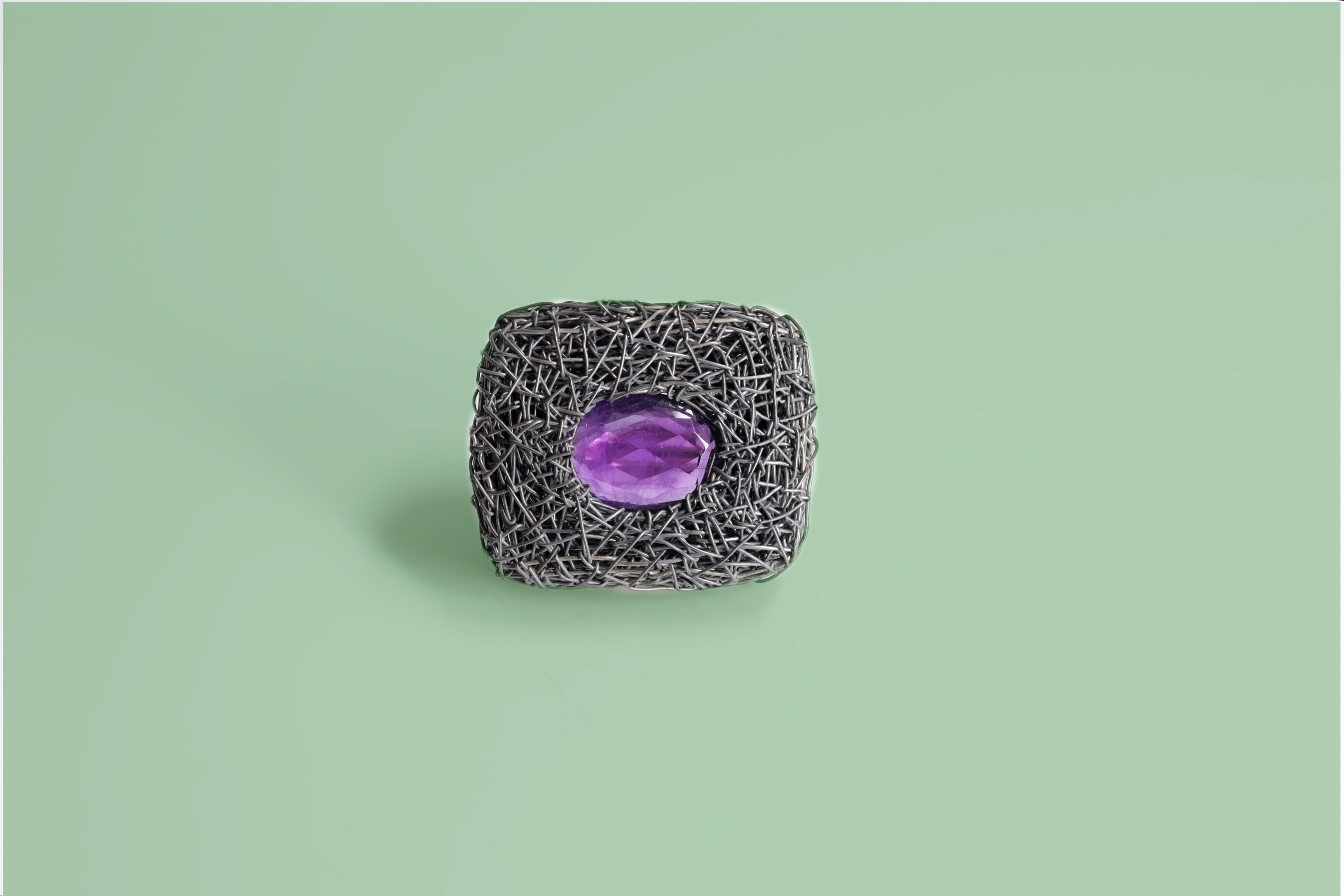 Amethyst in blackened silver & rose gold, new square one-off Cocktail Ring For Sale 2