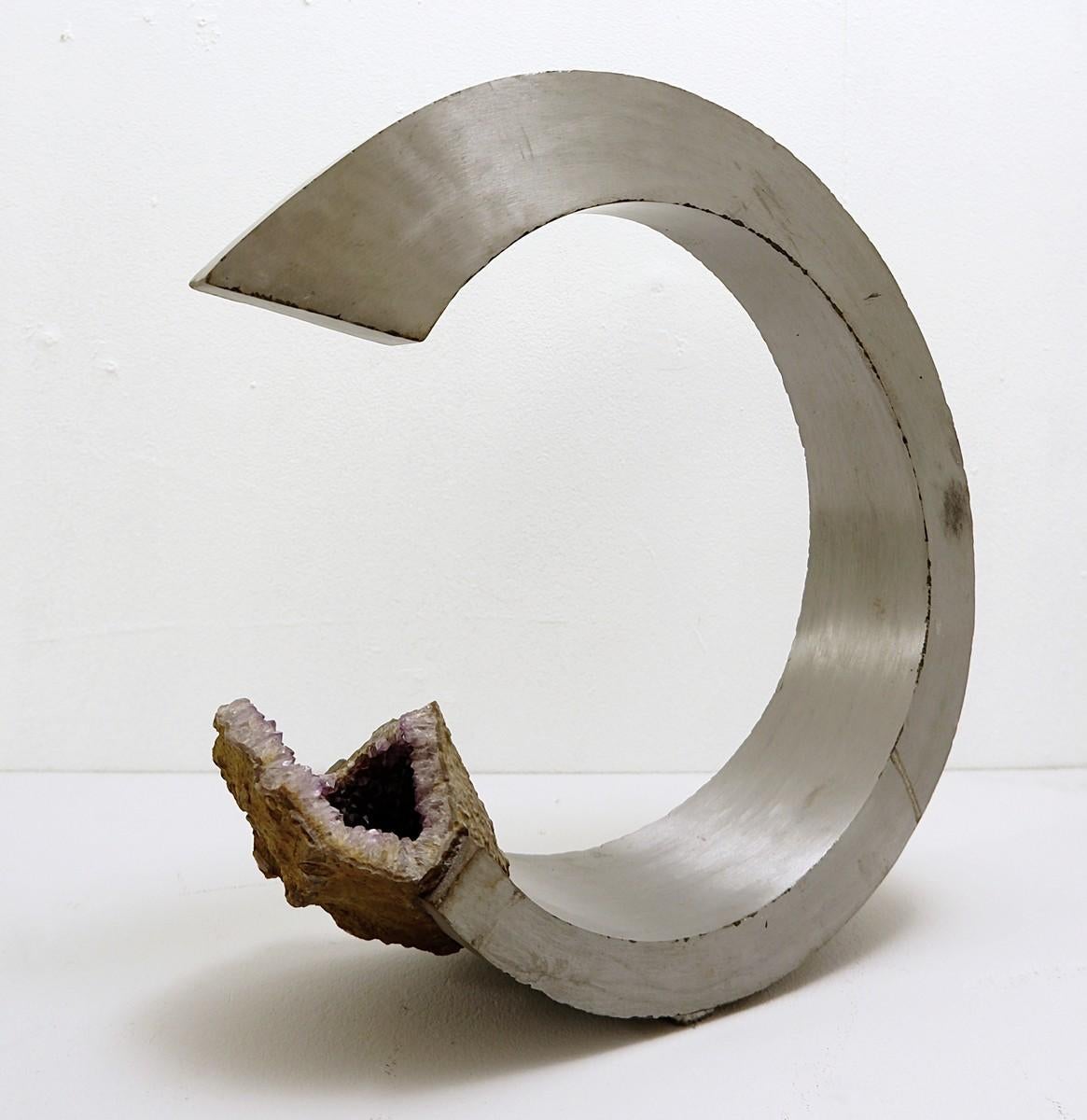 Amethyst in Brushed Aluminum Arc Sculpture, Italy, 1970s For Sale 1