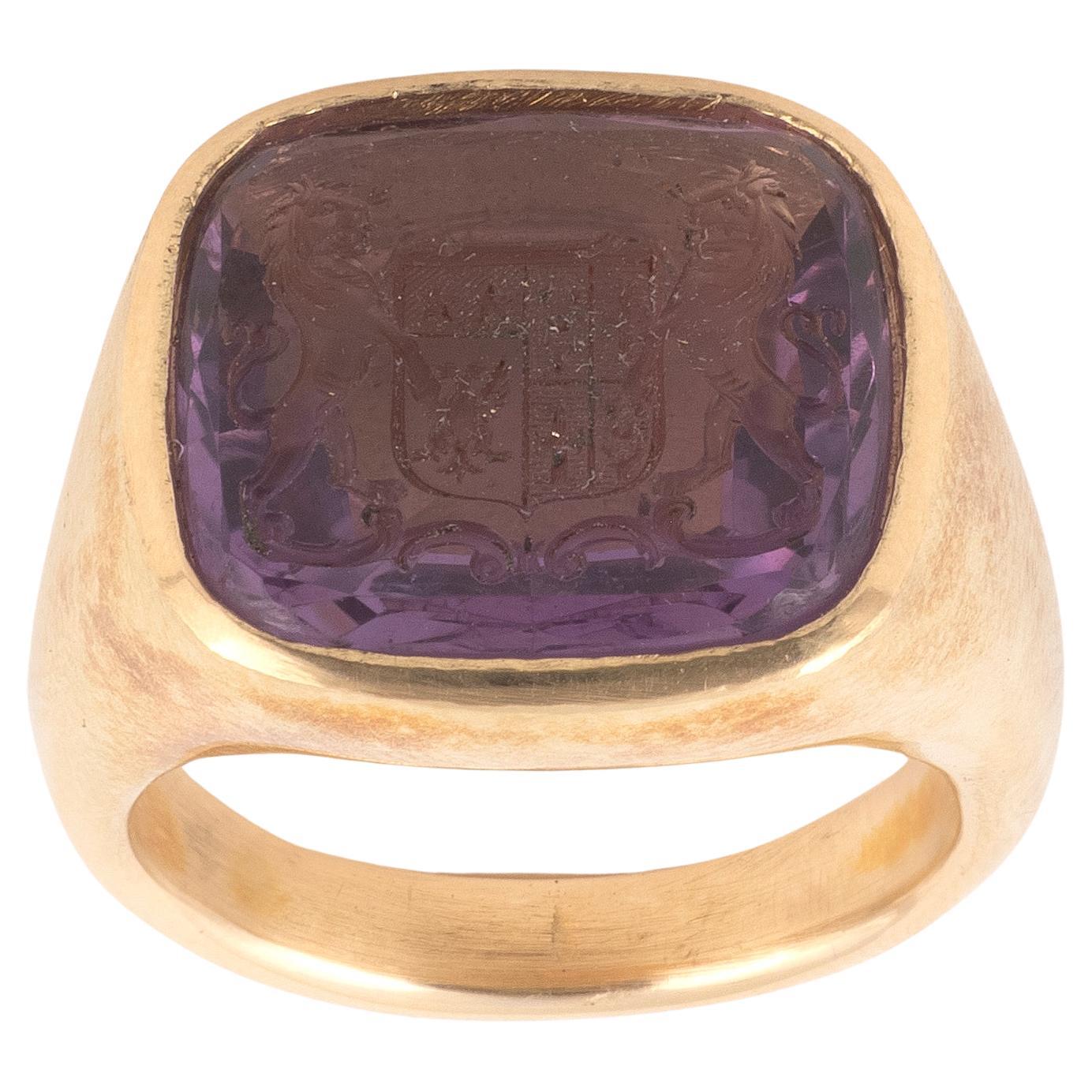 Square Cut Amethyst Intaglio Ring Early 19th Century With Family Crest