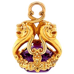 18 Carat Amethyst Intaglio Watch Fob Charm Pendant Amulet Estate Fine Jewelry