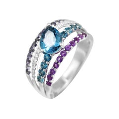 14 Karat Ring mit Amethyst-Iolith-Diamant-Topas aus Weißgold