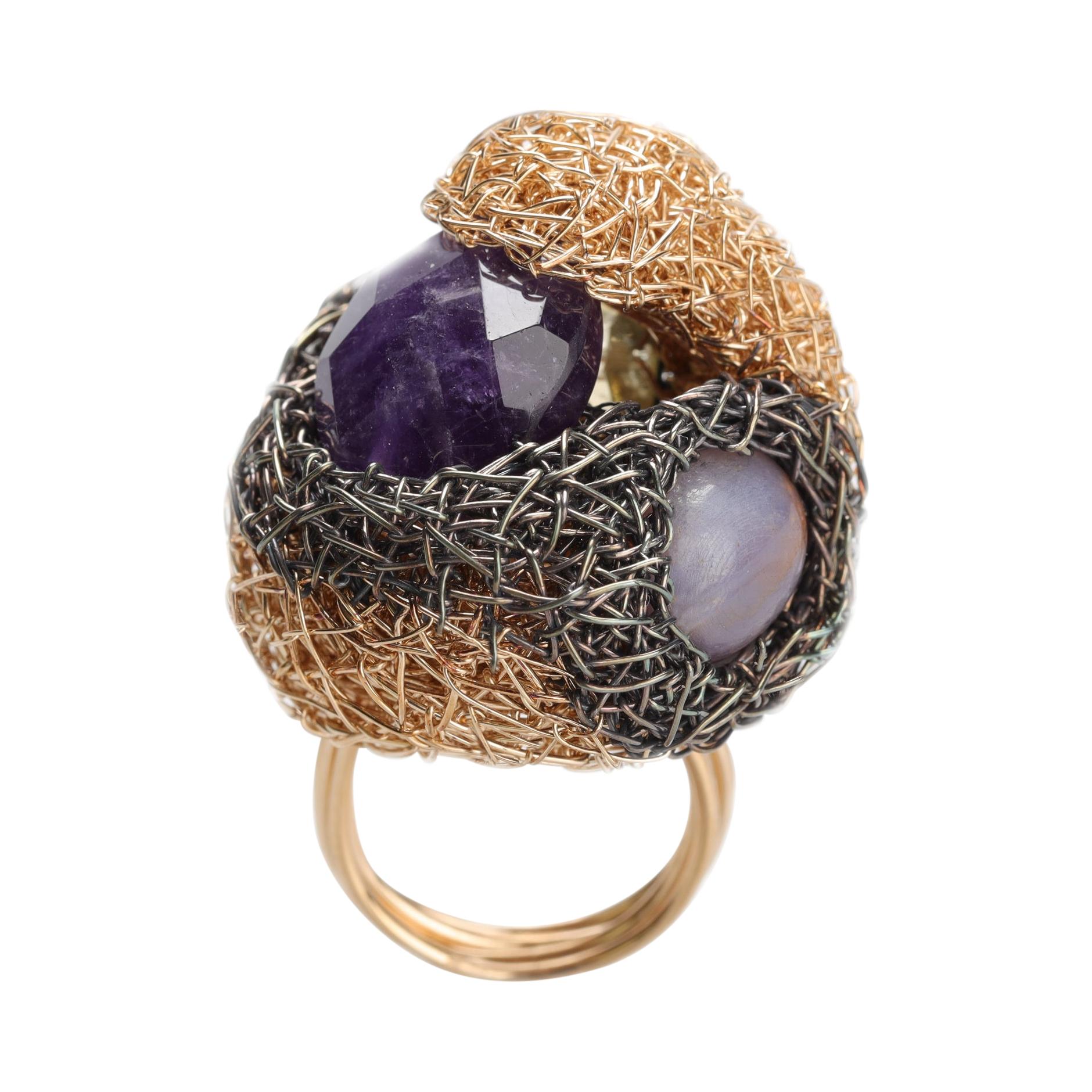 Amethyst Korund Multi Stone 14k Yellow Black Silver Statement & Cocktail Ring In New Condition For Sale In Engelberg, CH