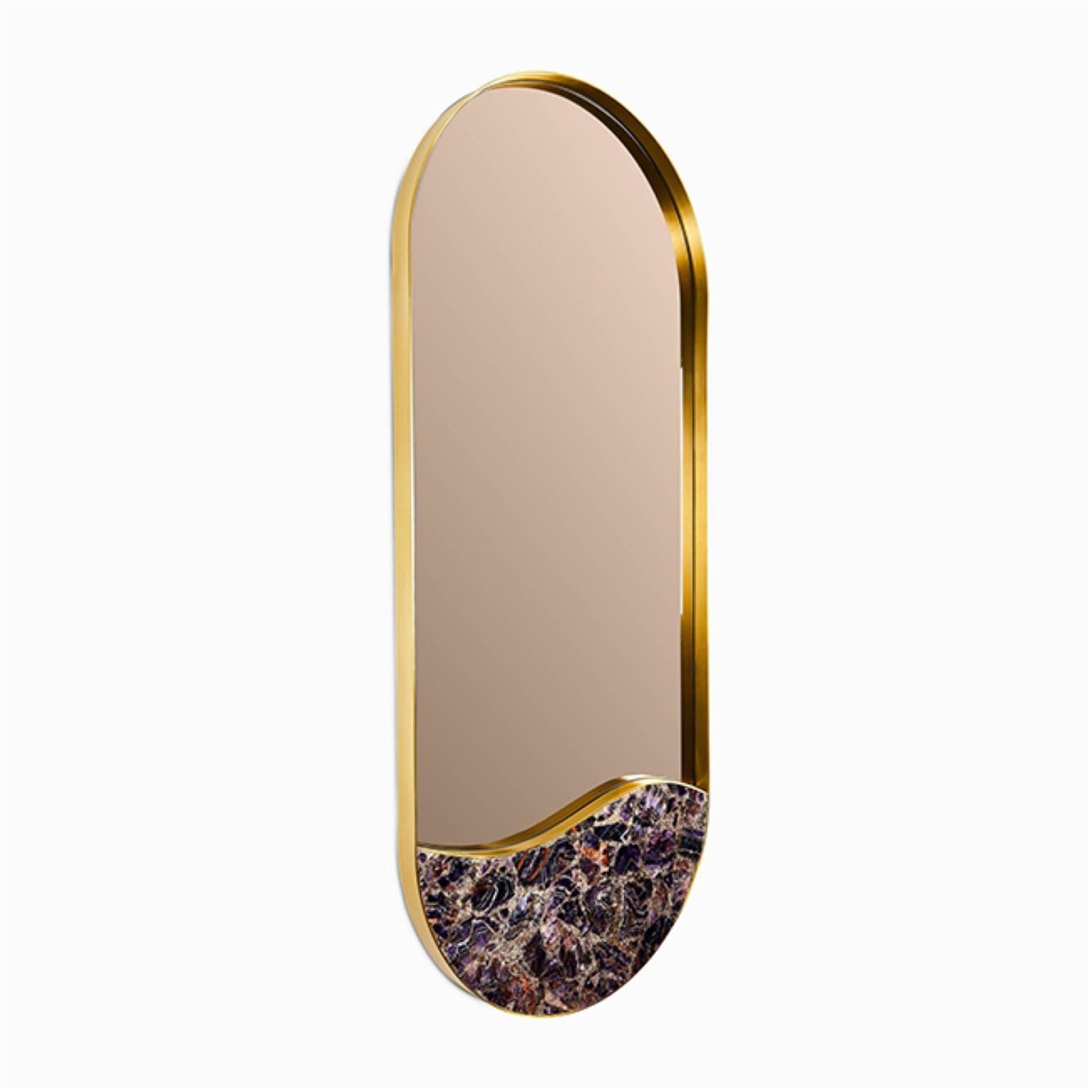 Onyx Kura mirror by Marble Balloon
Dimensions: W 50 x D 5 x H 120 cm
Materials: Brass, Onyx 

Inspired by the flow of Aras River, it combines 100% brass frame with semi-precious stone details. Semi-precious stones are available in either green